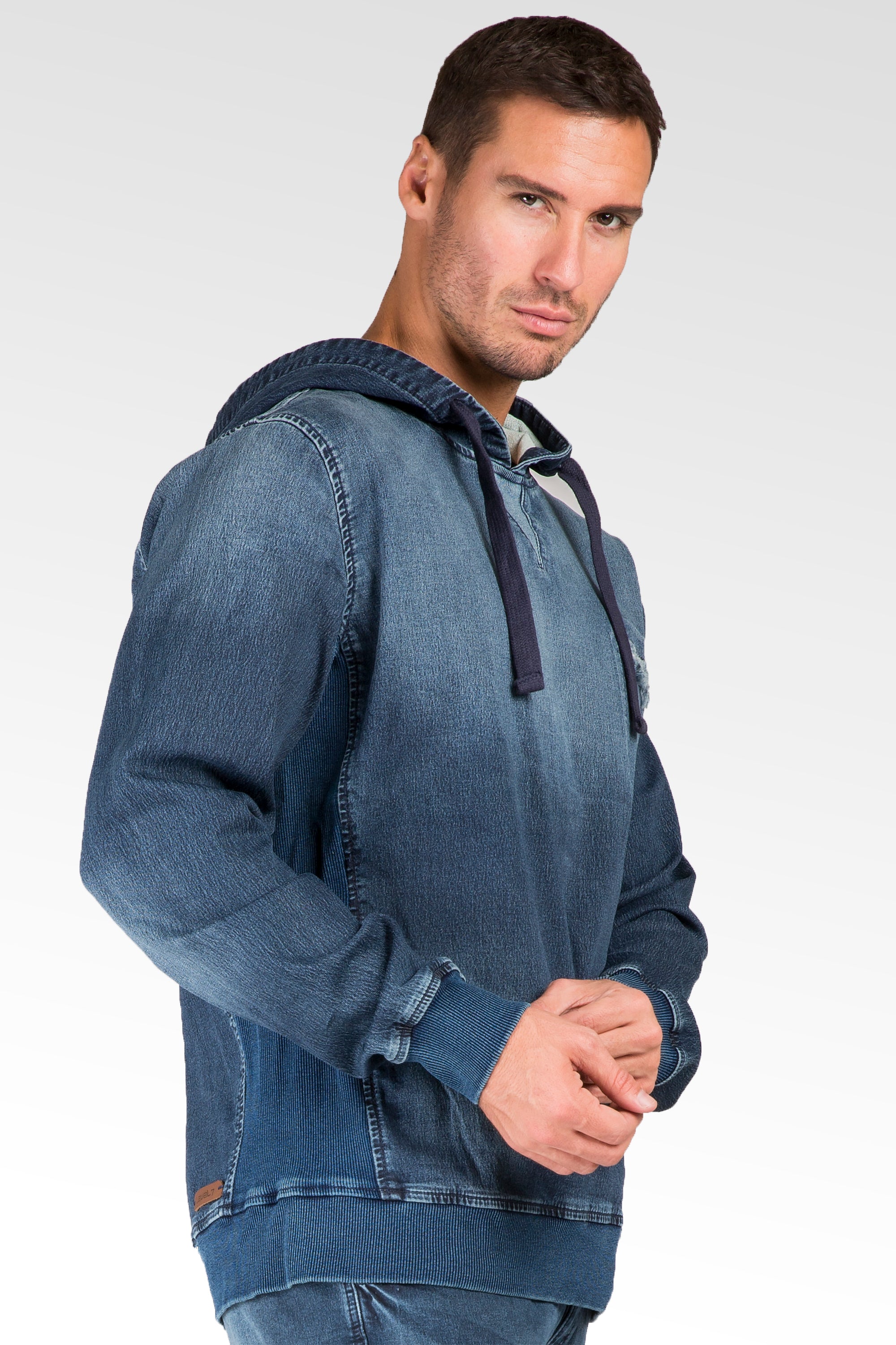 Level 7 Men's Knit Denim Vintage Washed Pullover Hoodie Shirts