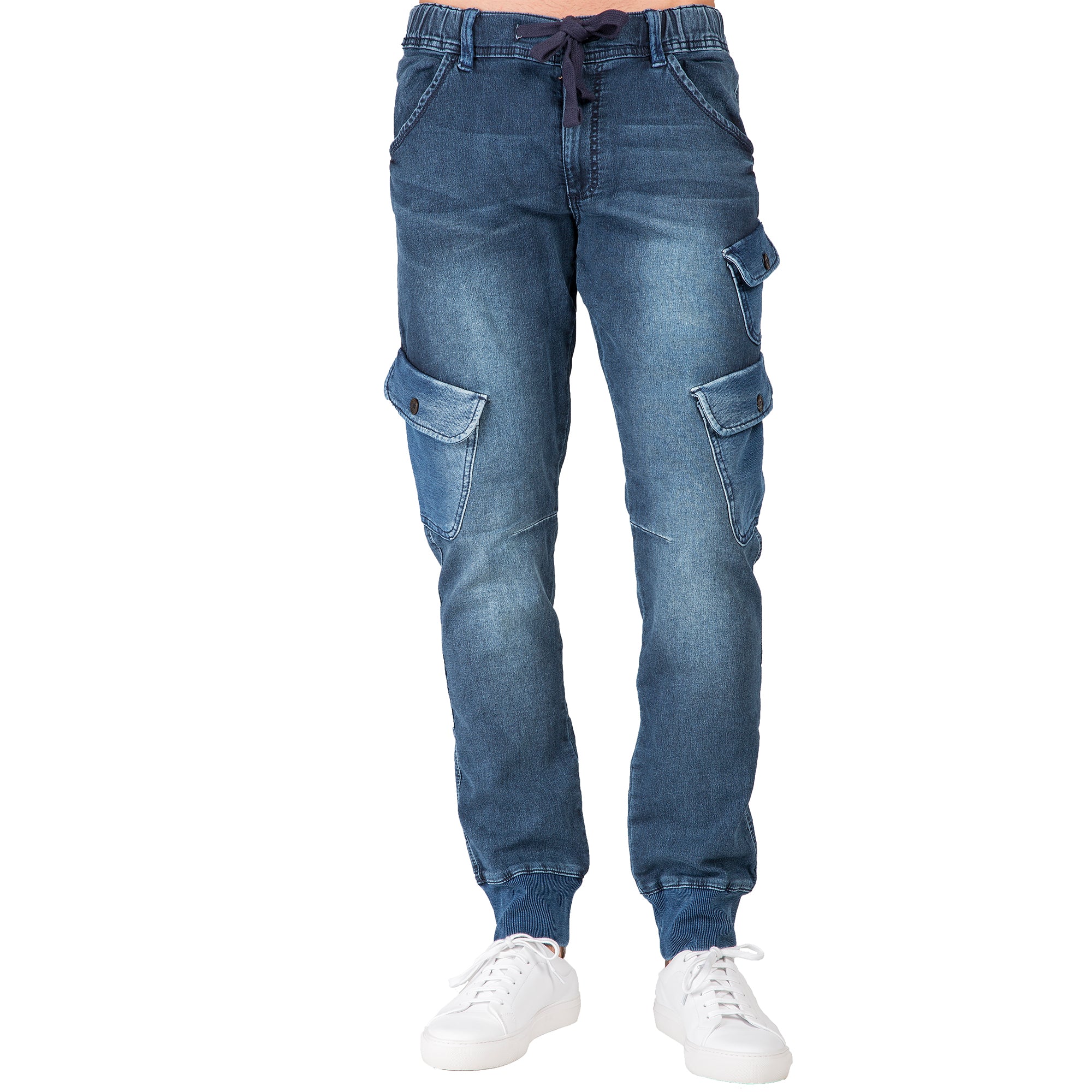 Level 7 Men's Cargo Pocket Medium Blue Knit Denim Jogger
