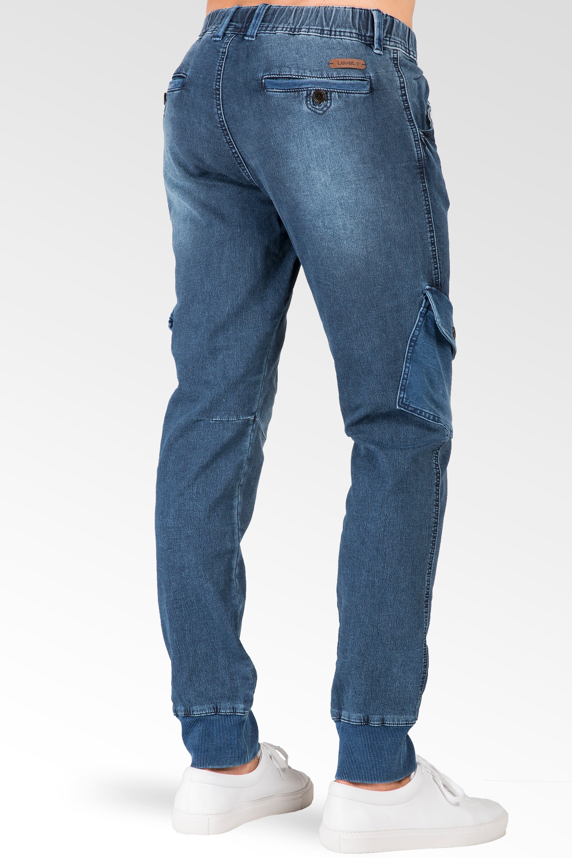 Level 7 Men's Cargo Pocket Medium Blue Knit Denim Jogger Pants Premium Denim  – Level 7 Jeans
