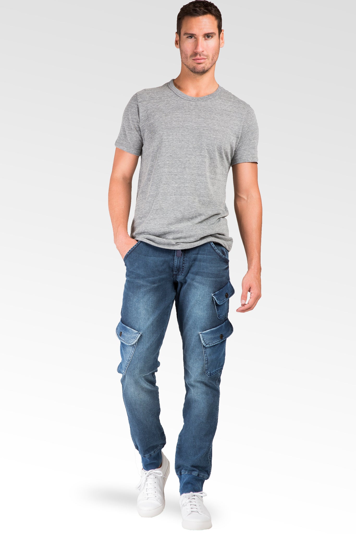 Ocean Blue Washed Premium Knit Denim Cargo Jogger Jeans Angled Side Cargo Pockets