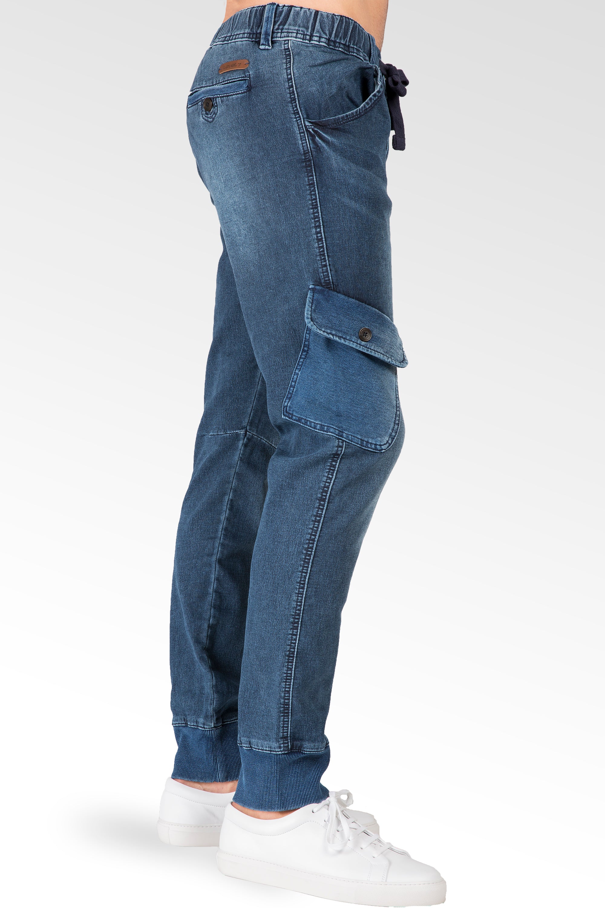 Level 7 Men s Cargo Pocket Medium Blue Knit Denim Jogger Pants Premium Denim Level 7 Jeans
