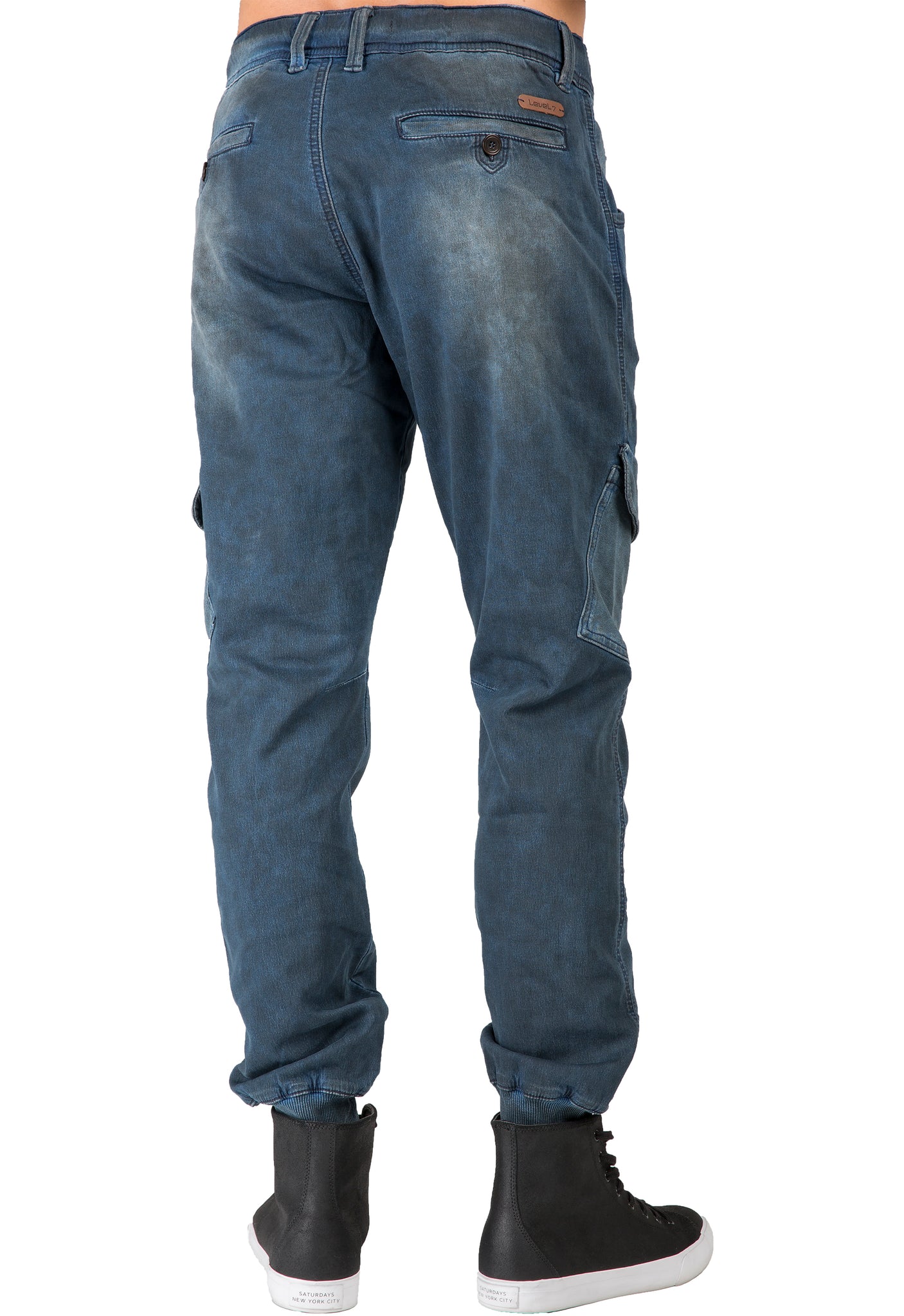 Premium Indigo Knit Denim Jogger Jeans Angled Side Pockets Oil Stain Tinted Wash