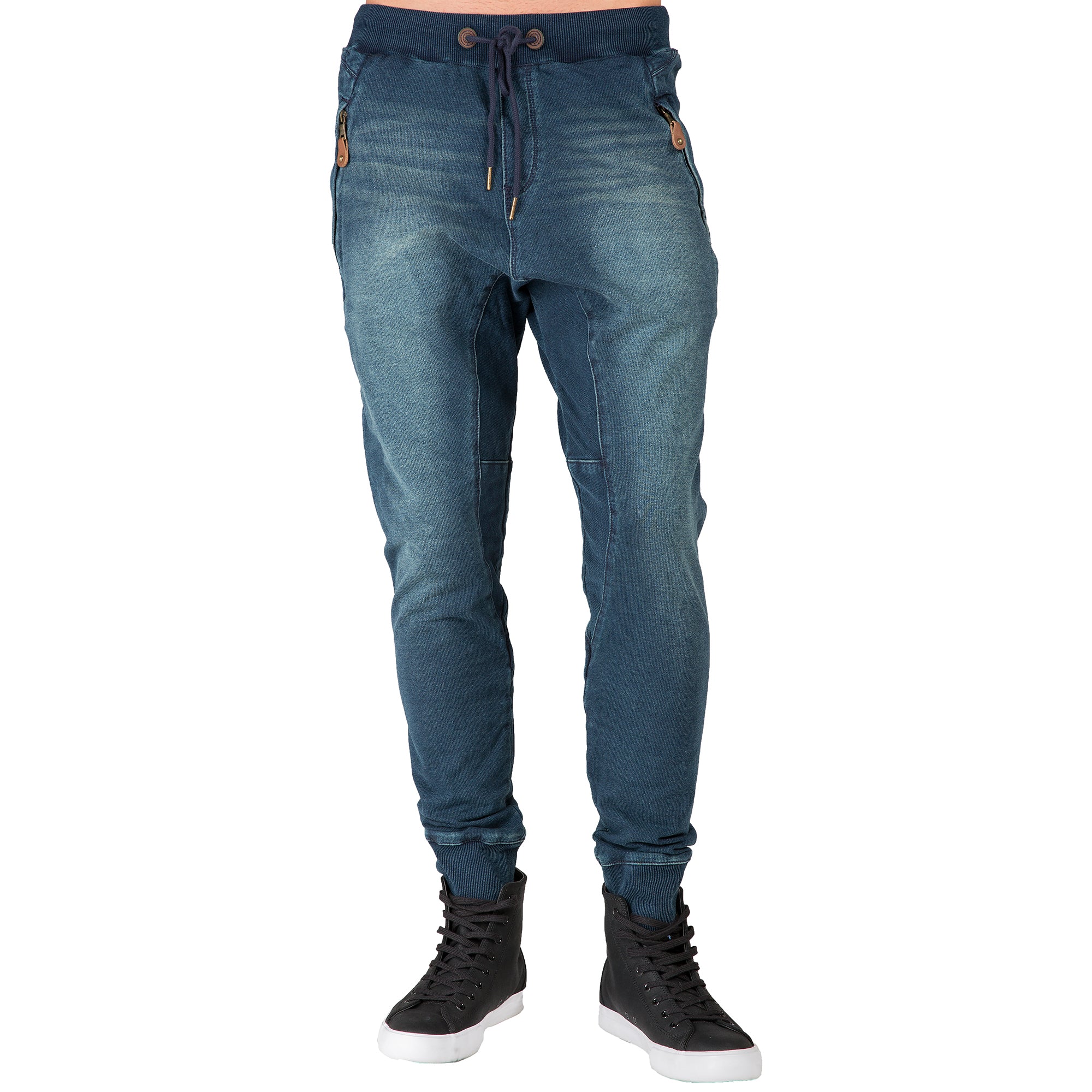 Men's Drop Crotch Knit Jogger Jeans Whisker Zipper Pockets