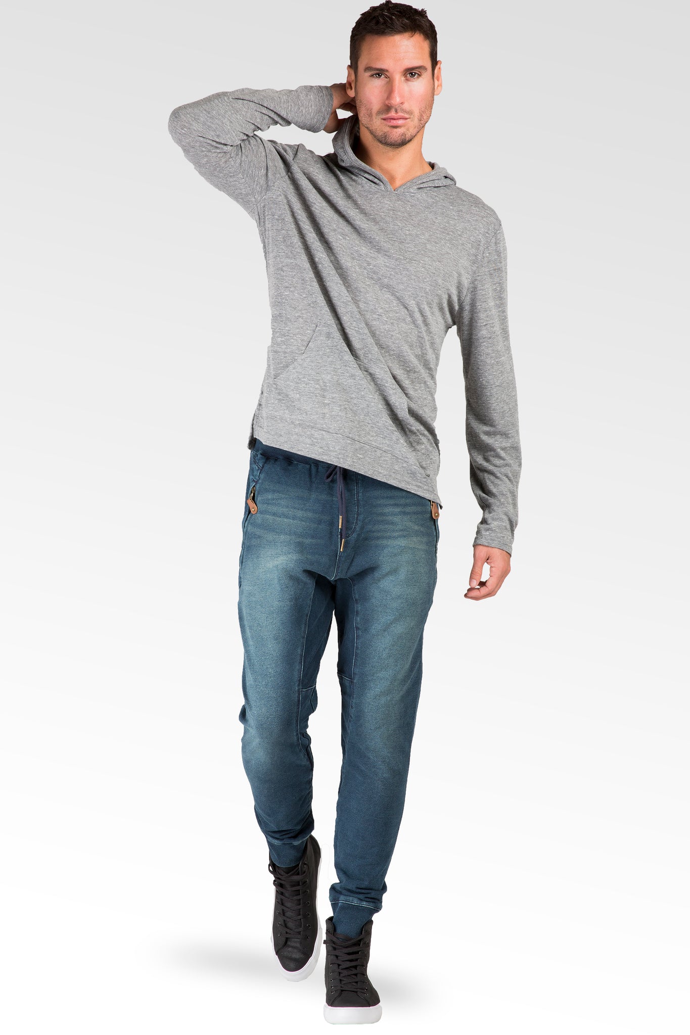 Drop Crotch Premium Knit Denim Jogger Jeans Whisker Zipper Pockets