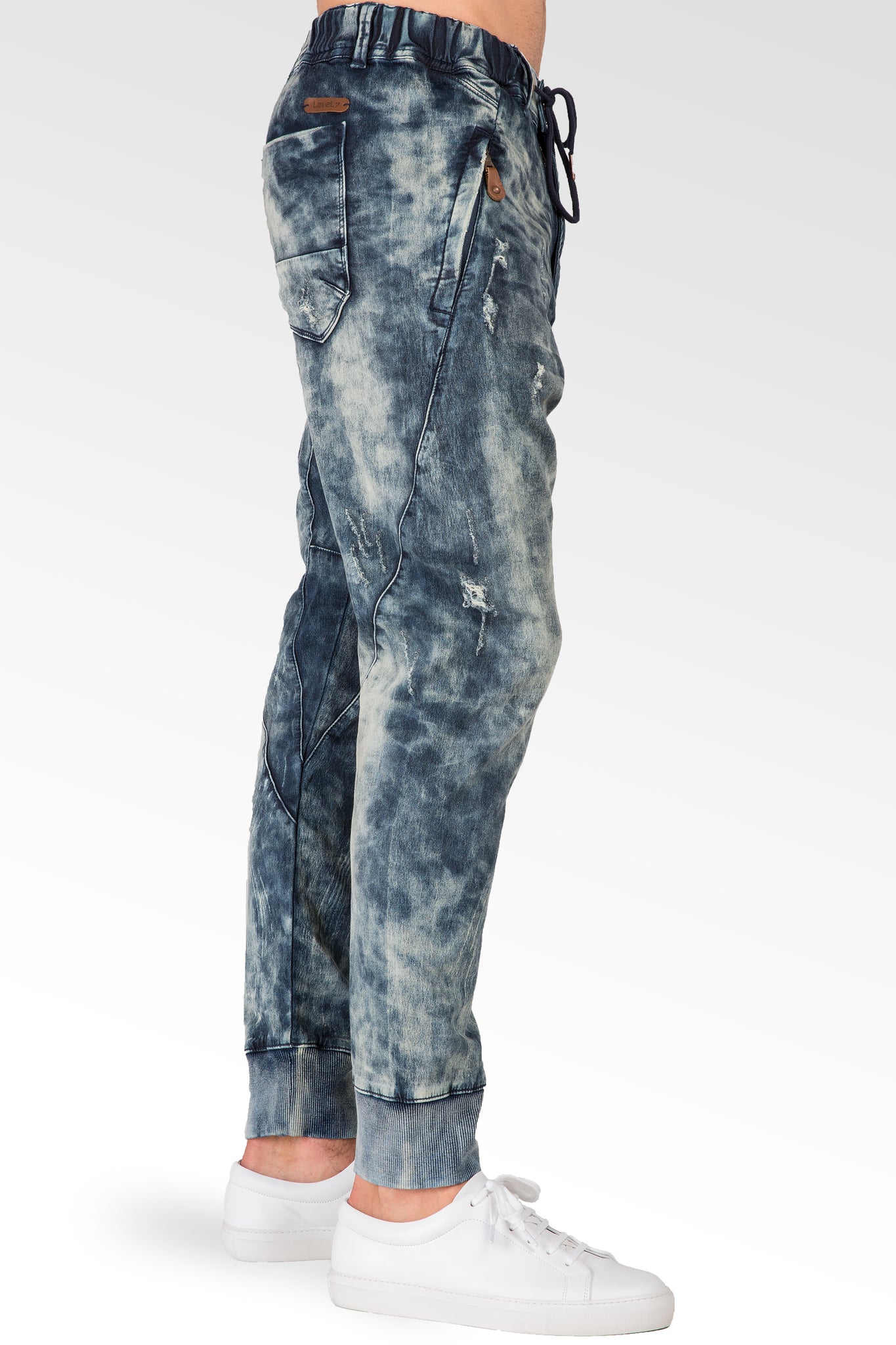 Premium Knit Denim Cloud Vintage Washed Drop Crotch Jogger Jeans Zip Pockets
