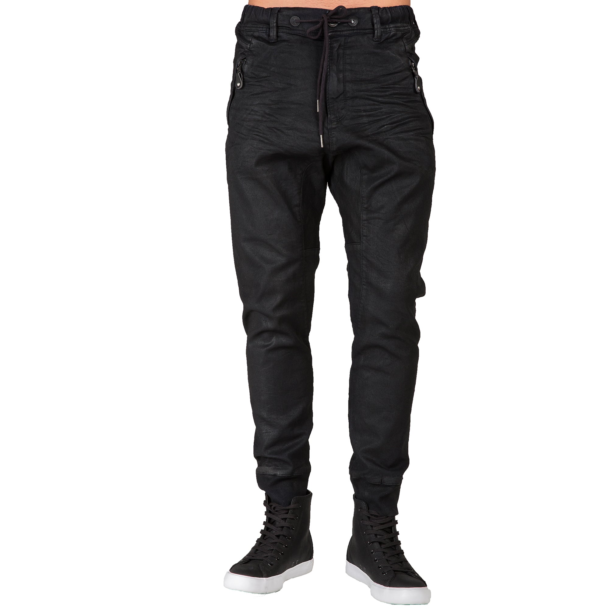 Level 7 Men's Black Coated Knit Denim Drop Crotch Jogger Premium Denim Zip Pocket – Level 7 Jeans