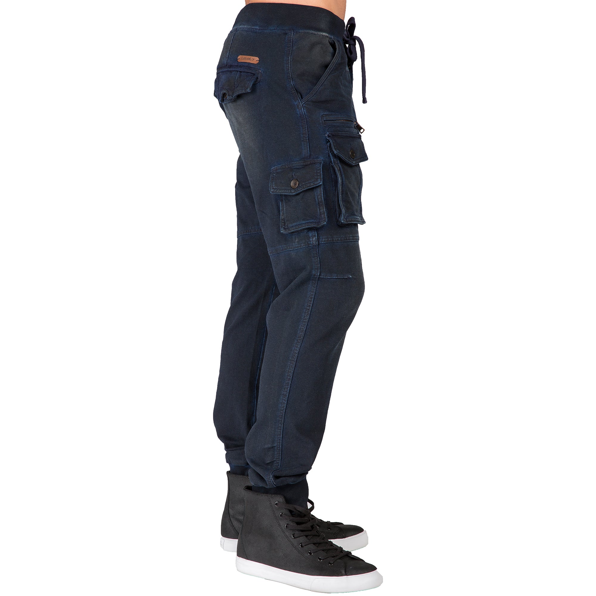 Midnight Vintage Premium Knit Denim Jogger Jeans Utility Cargo Zipper Pockets