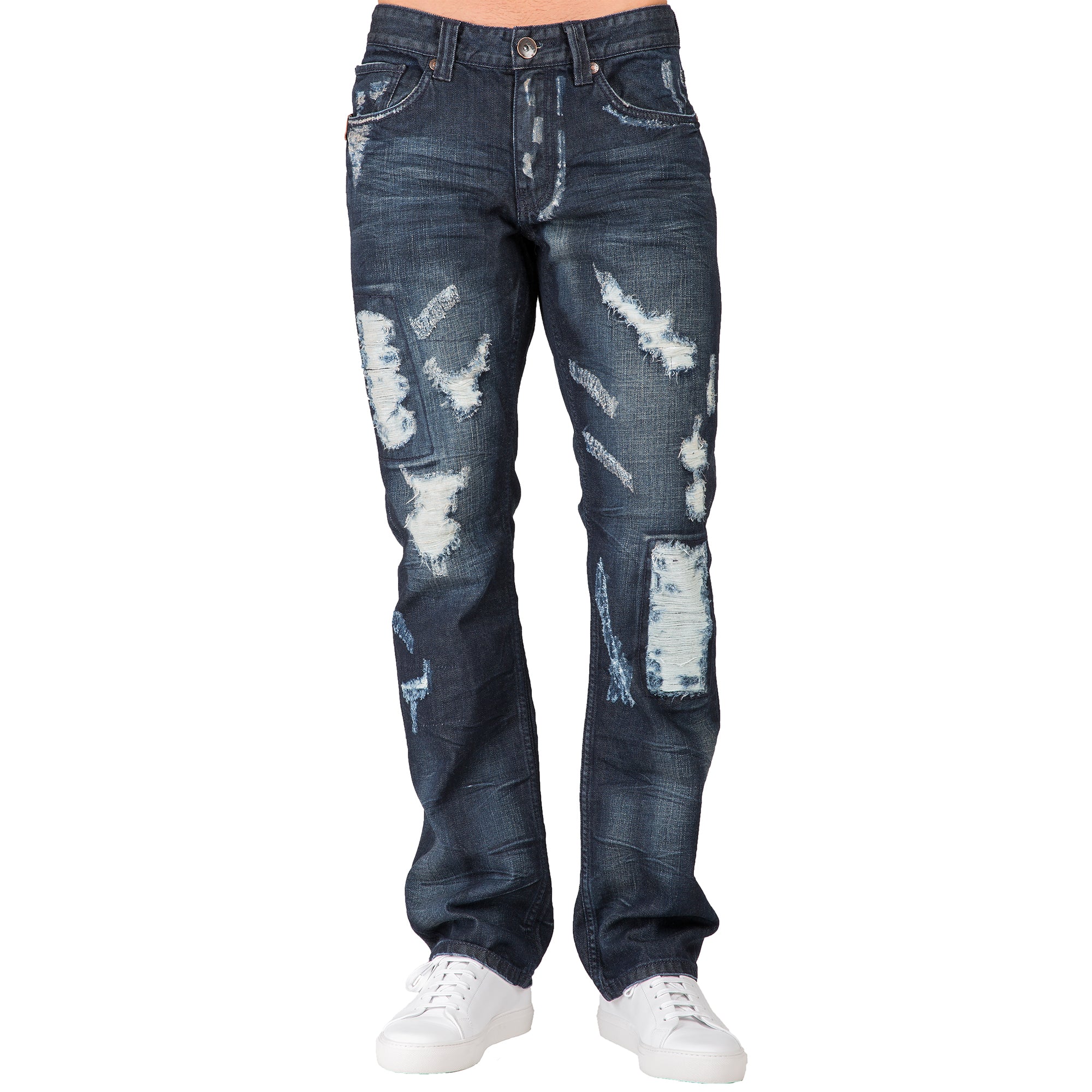 Slim Straight Dark Blue Indigo Premium Denim Signature 5 Pocket Jeans  Destroyed & Repaired
