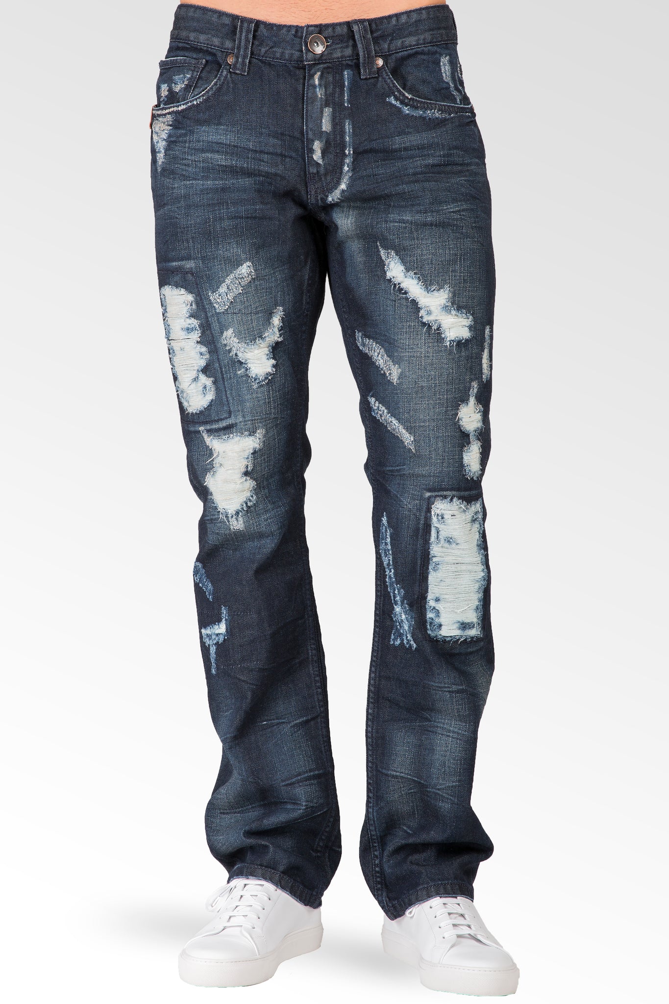 Slim Straight Dark Blue Indigo Premium Denim Signature 5 Pocket Jeans Destroyed & Repaired