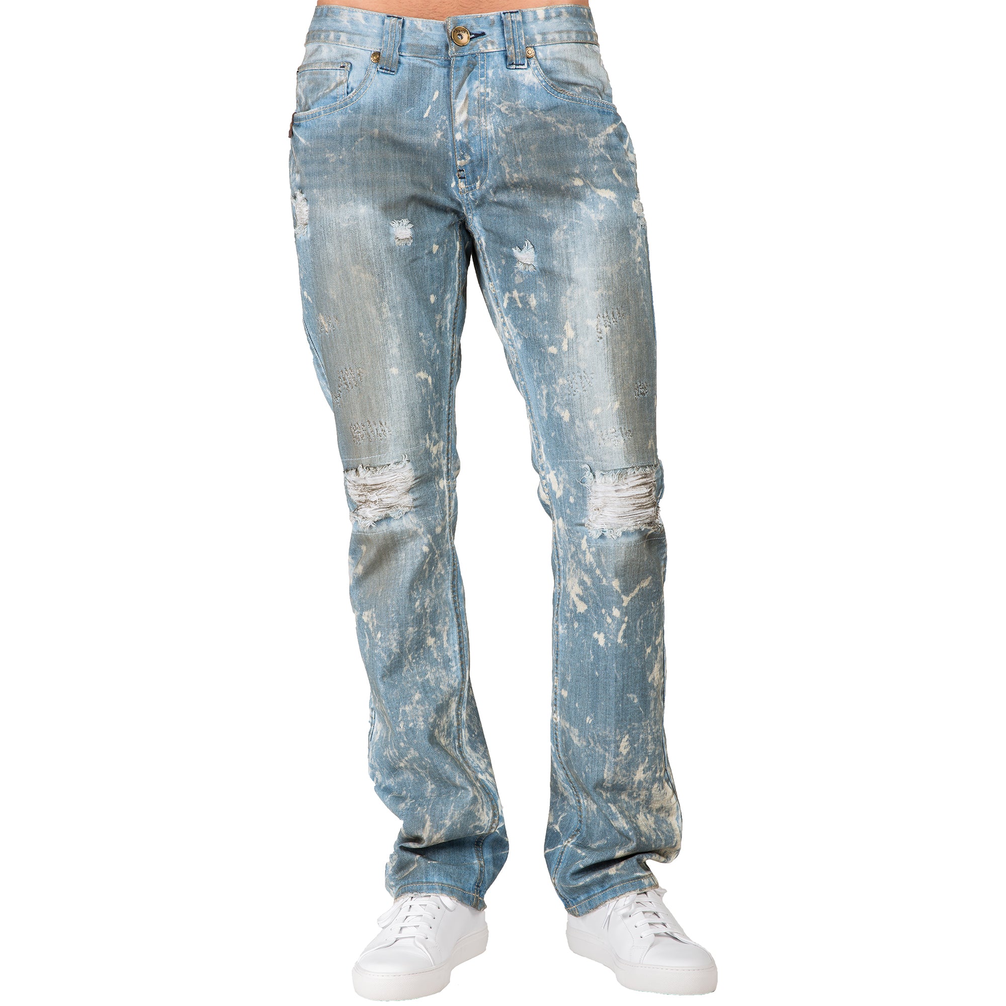 Level Men's Slim Straight Paint Splatter Bleached Blue Ripped
