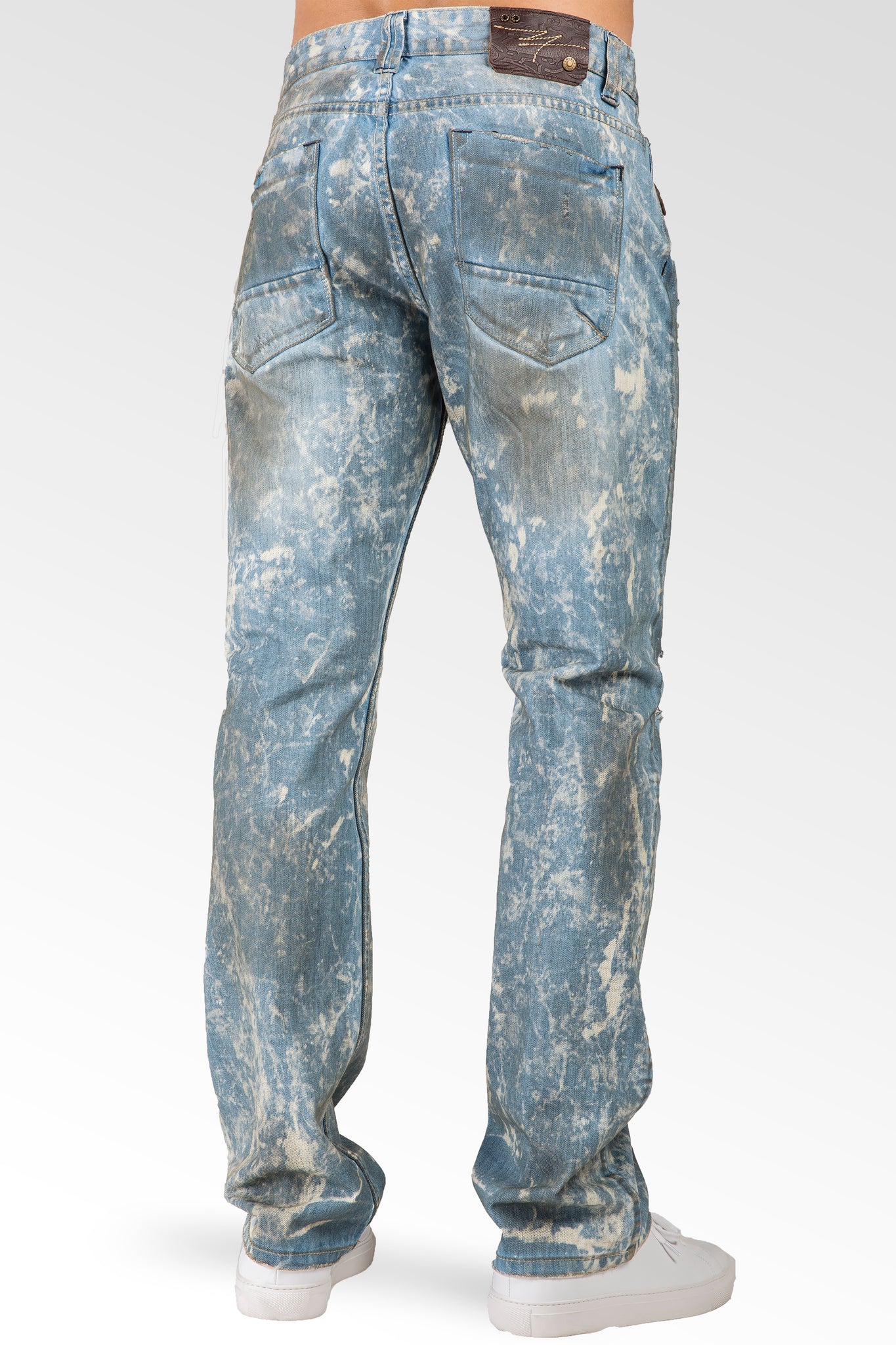 Slim Straight Distressed Bleached Blue Premium Denim Signature 5 Pocket Jeans Paint Splatter