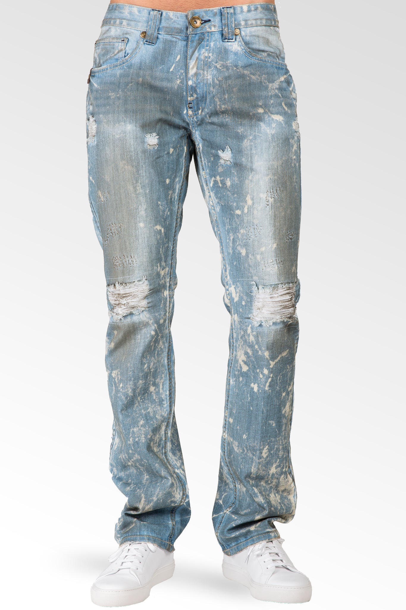 Slim Straight Distressed Bleached Blue Premium Denim Signature 5 Pocket Jeans Paint Splatter