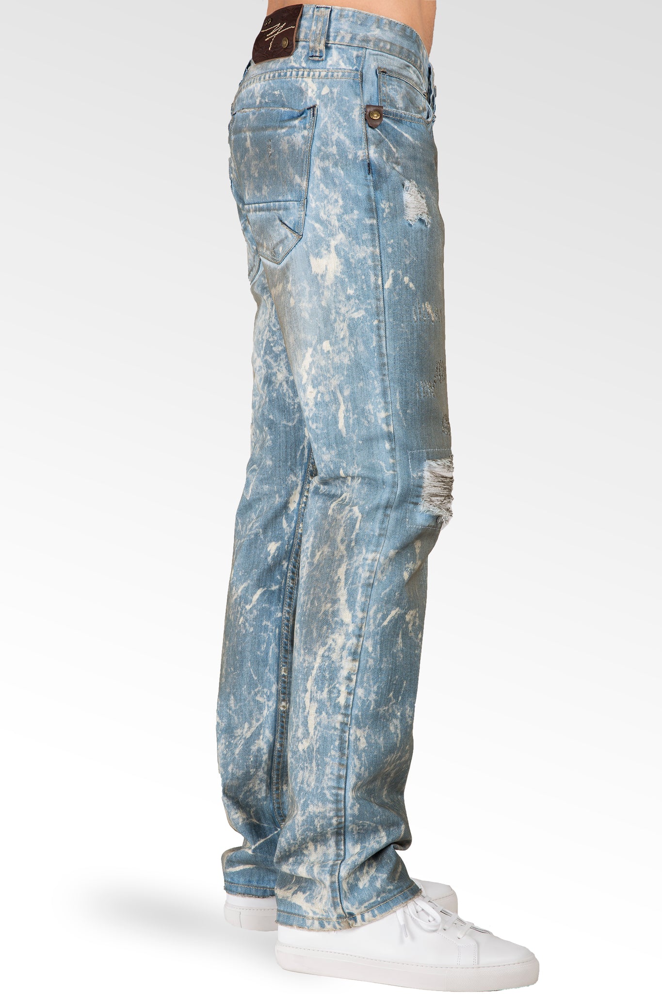 Slim Straight Distressed Bleached Blue Premium Denim Signature 5 Pocket Jeans Paint Splatter