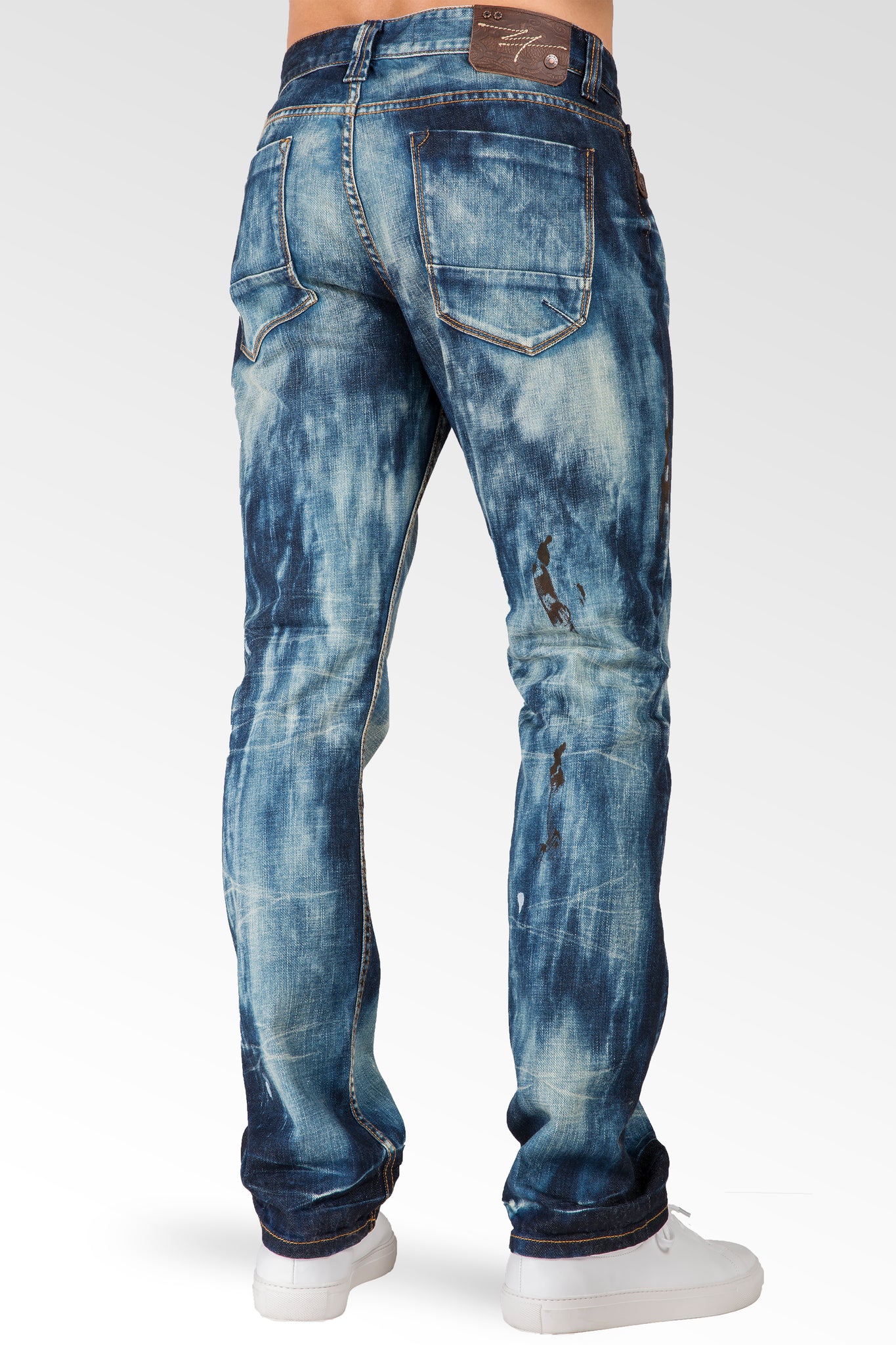 Slim Straight Dark Cloud Blue Premium Denim 5 Pocket Jeans Sanding Whisker Paint Splatter