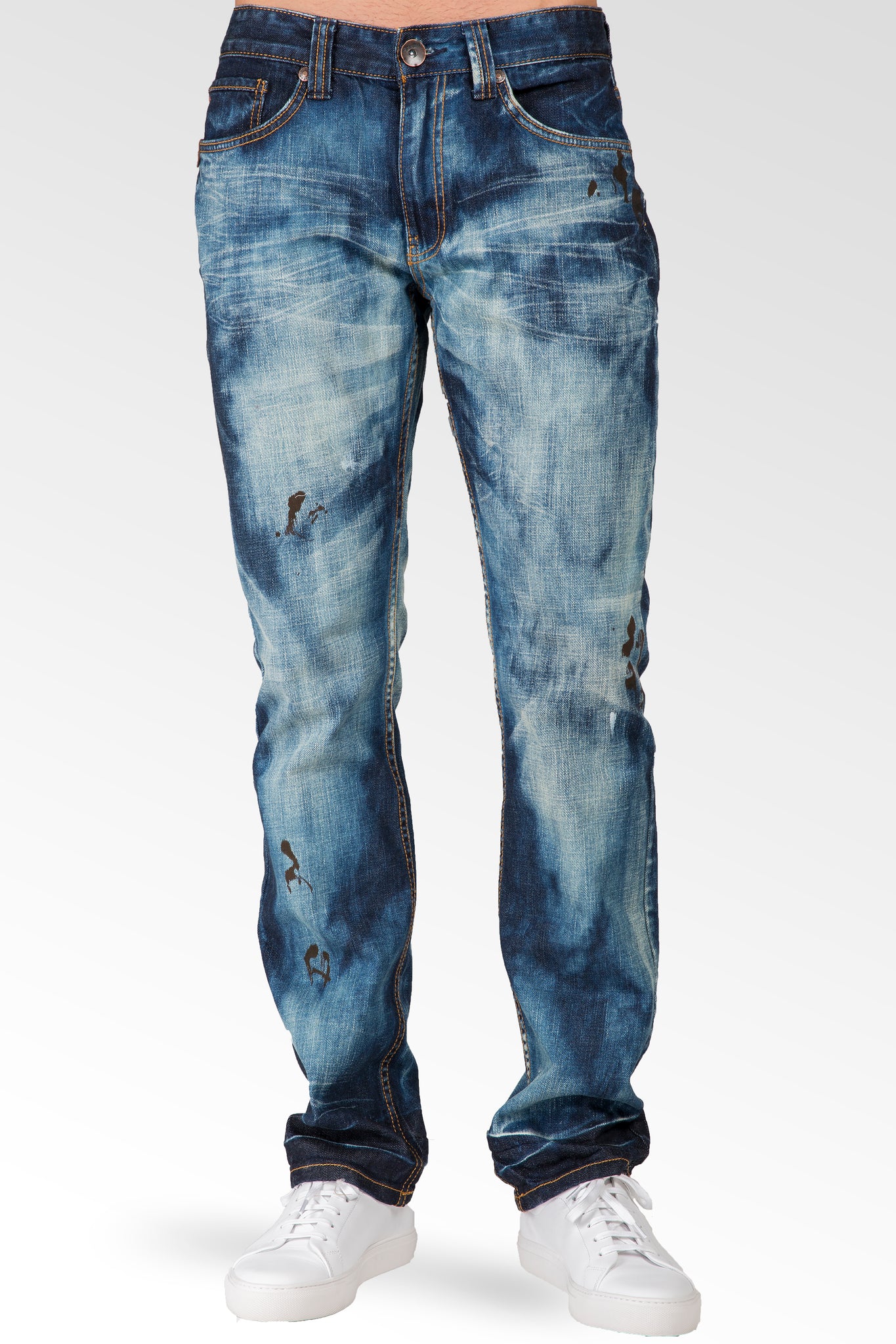 Slim Straight Dark Cloud Blue Premium Denim 5 Pocket Jeans Sanding Whisker Paint Splatter