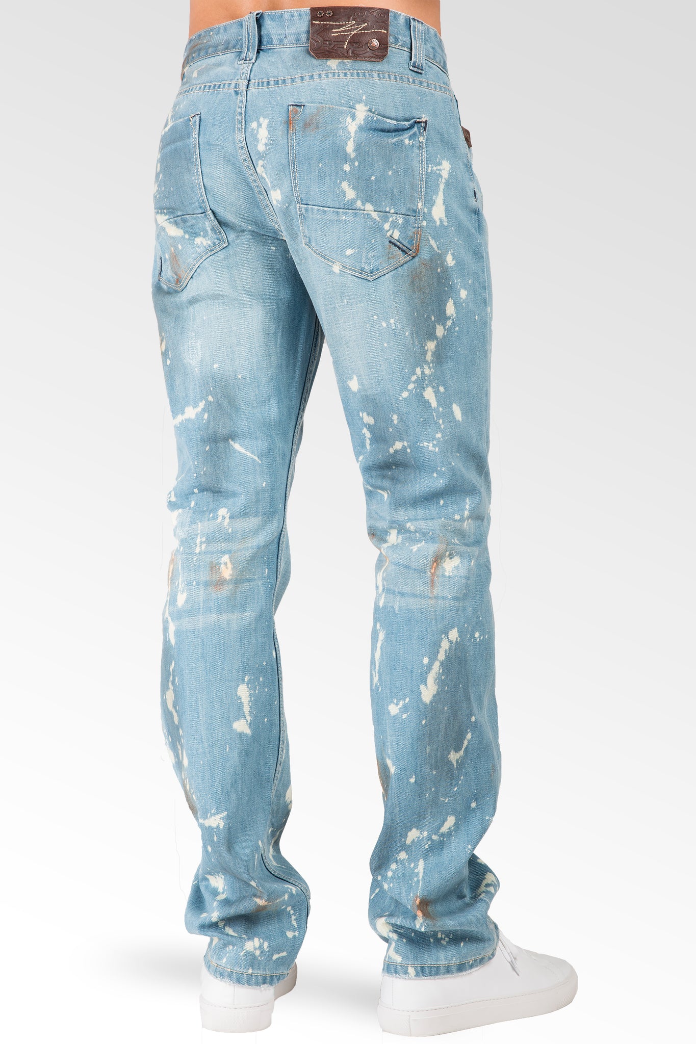 Slim Straight Light Blue Premium Denim Signature 5 Pocket Jeans Paint Splatter Bleach Spots