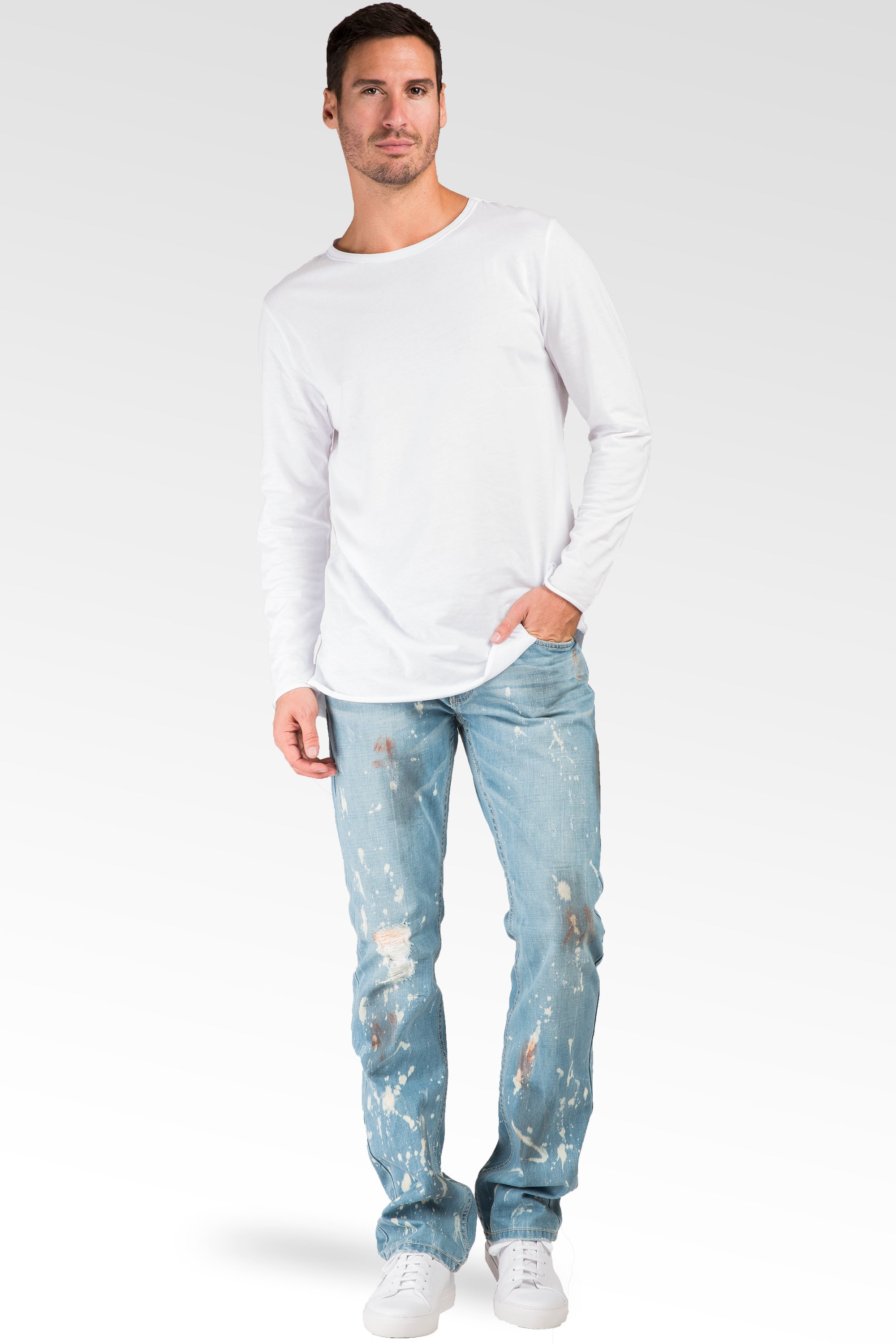Waist, front pocket, zipper, leg areas of dark blue jeans slightly tilted  on white background. Jeans have faded white spots on them. Isolated. Copy  sp Stock Photo - Alamy