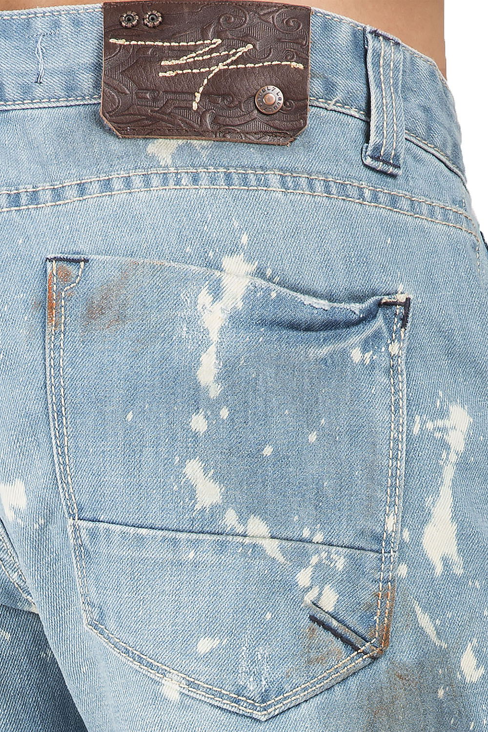 Slim Straight Light Blue Premium Denim Signature 5 Pocket Jeans Paint Splatter Bleach Spots