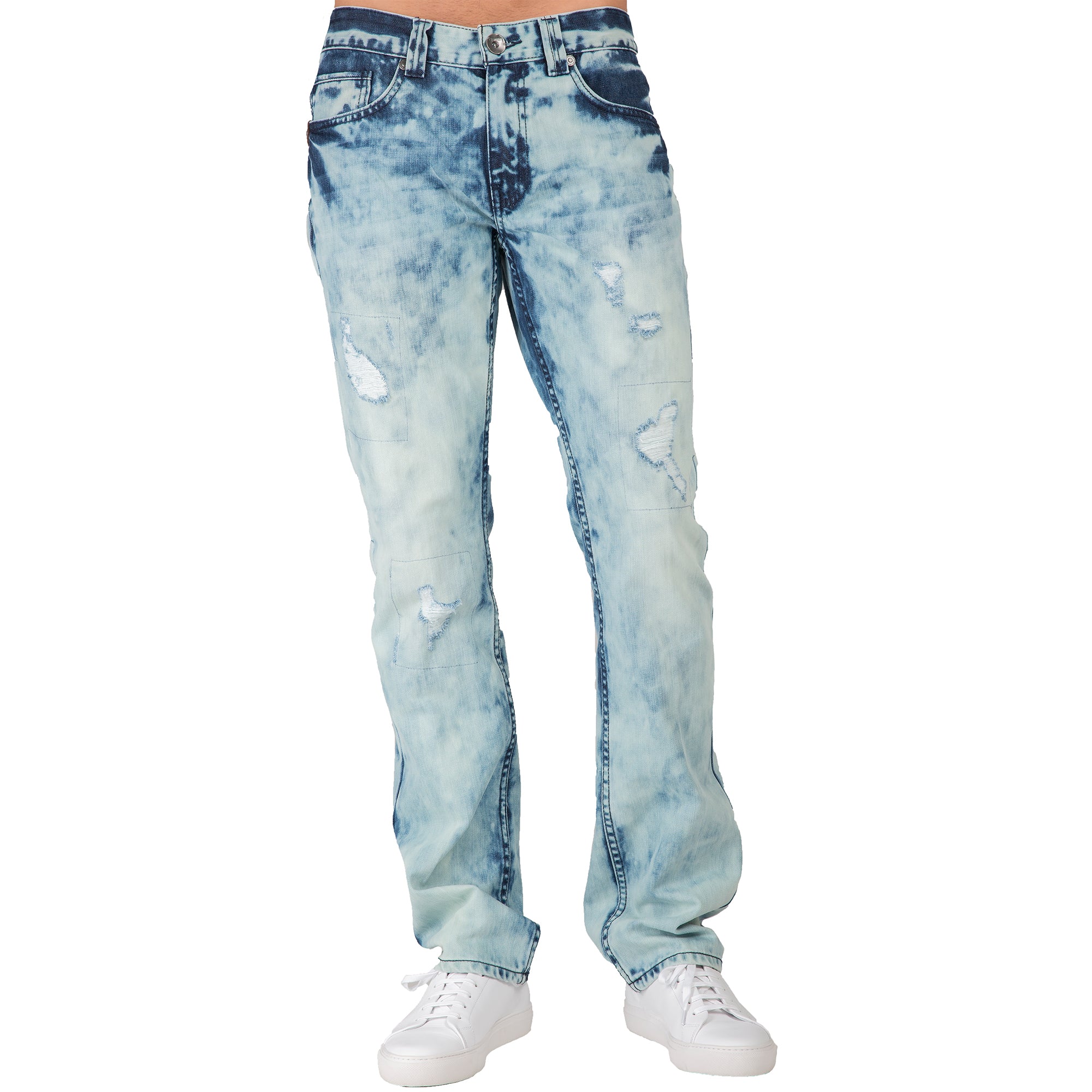 Level Men's Slim Straight Ripped Repaired Acid Wash Pocket