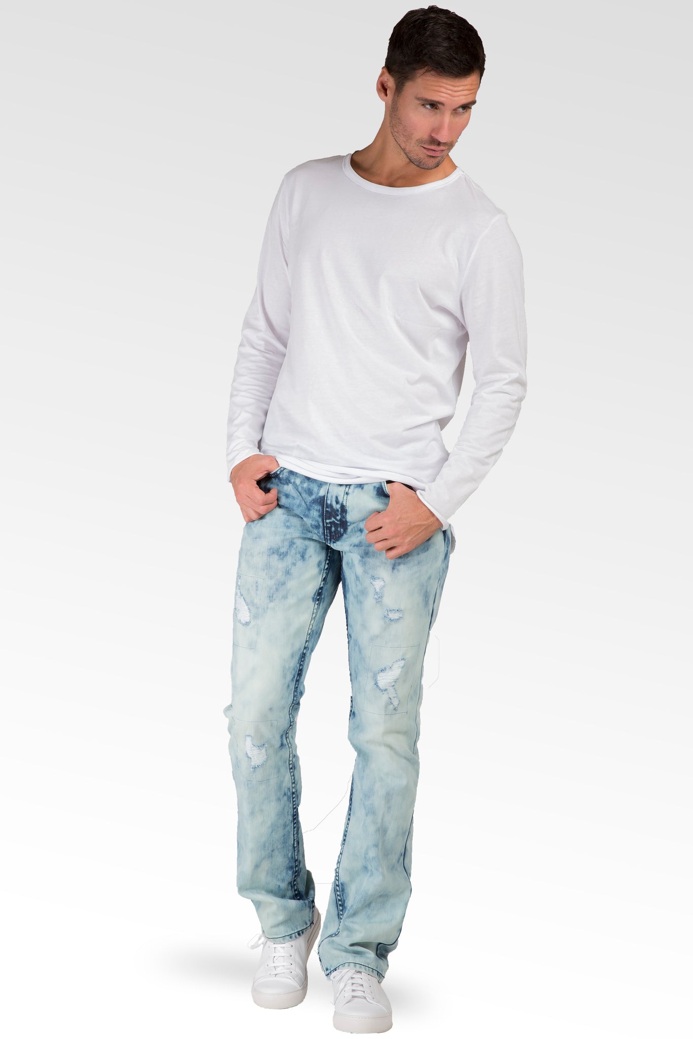Slim Straight Blue Lava Washed Premium Denim Signature 5 Pocket Jeans Ripped & Repaired