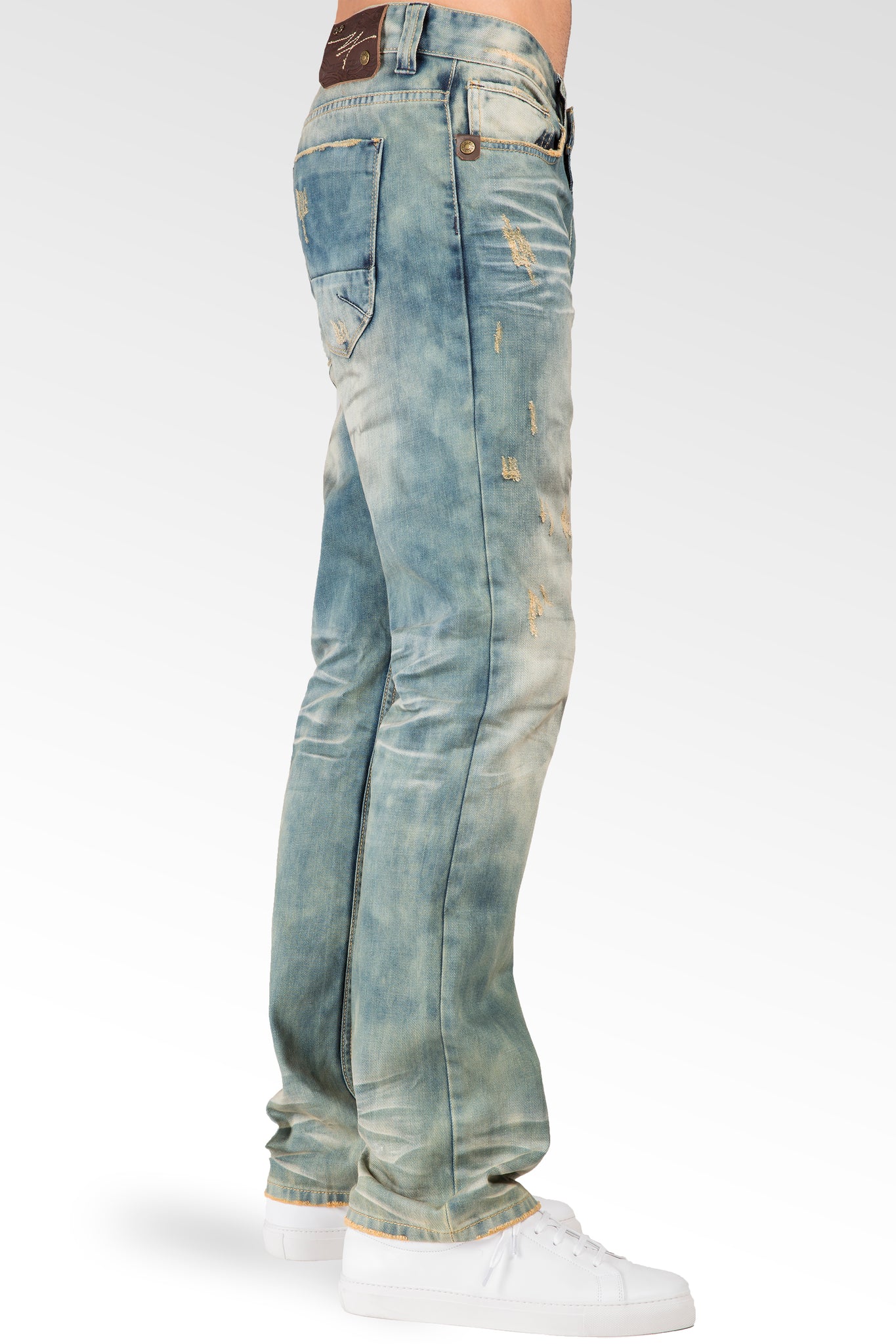 Slim Straight Clouded Mojave Blue Premium Denim Signature 5 Pocket Jeans Distressed