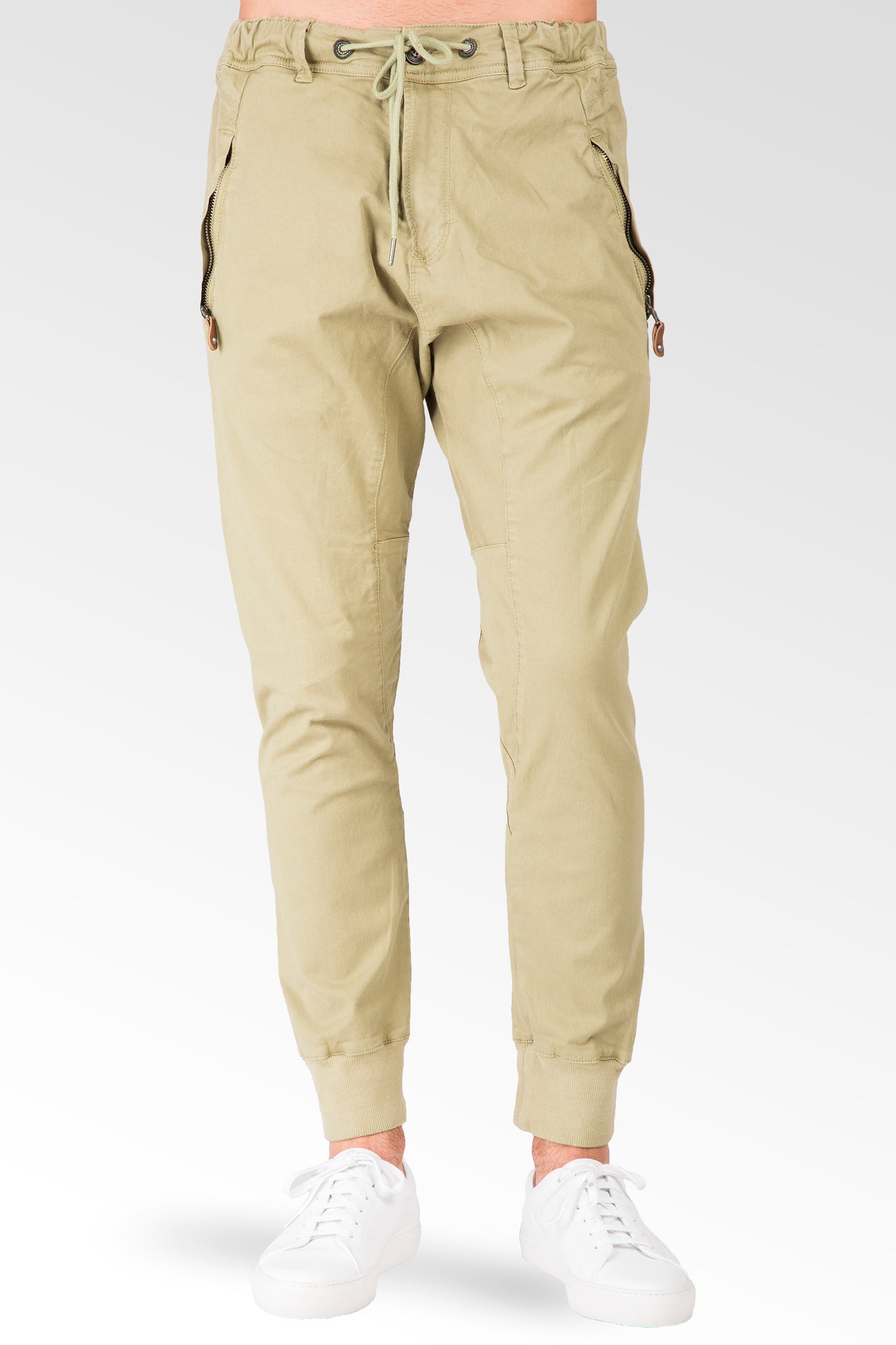Drop Crotch Fit Avocado Green Premium Stretch Twill Jogger Jeans Zipper Pockets