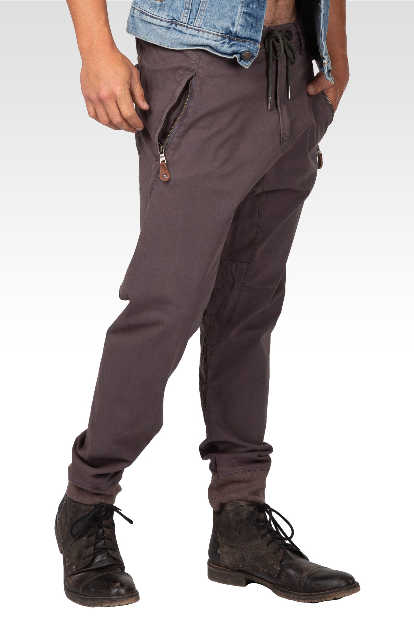 Drop Crotch Premium Washed Charcoal Stretch Twill Jogger Pants With Zipper Pockets