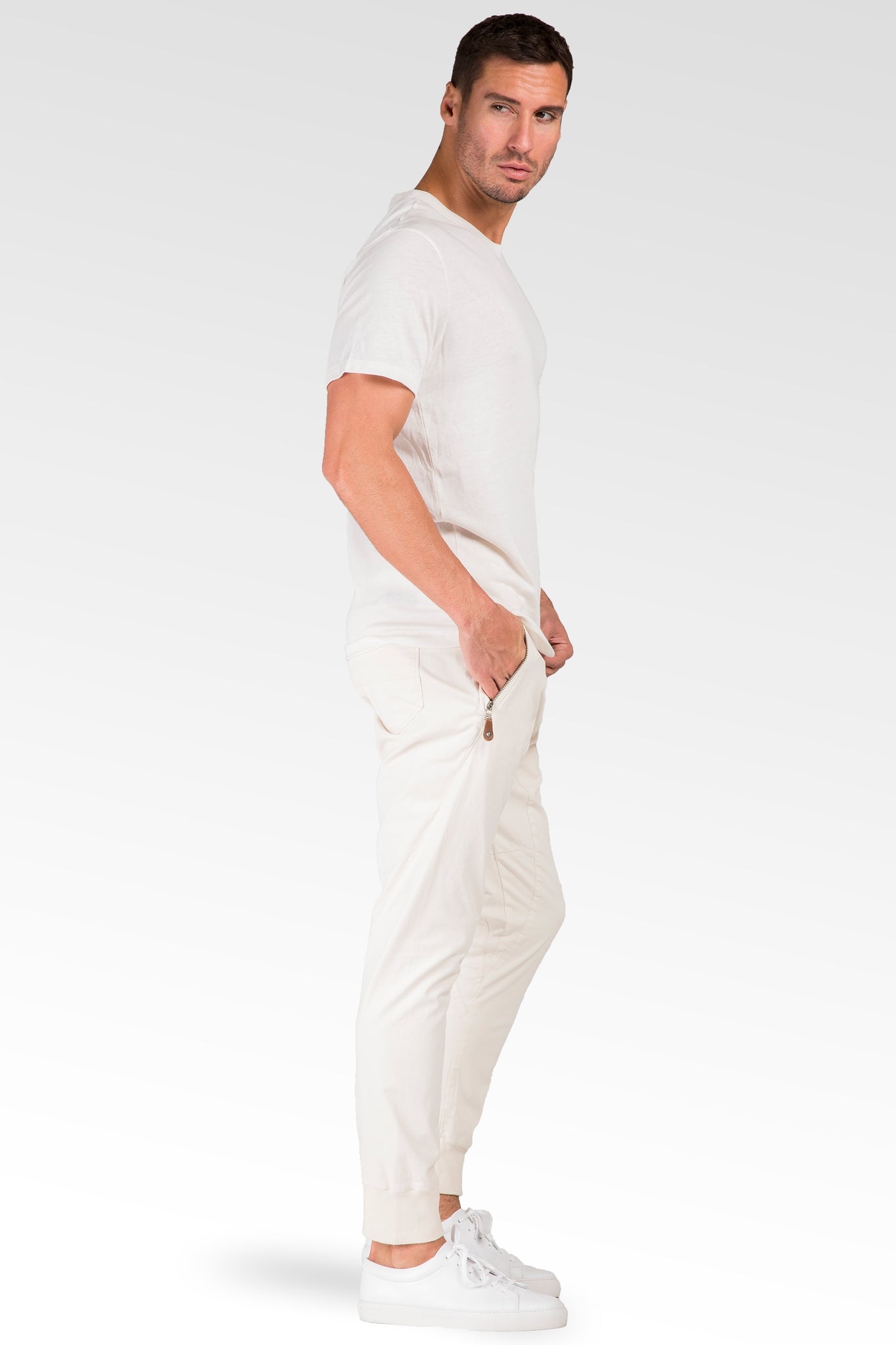 Relaxed Ecru Premium Stretch Twill Drop Crotch Jogger Jeans Zipper Pocket