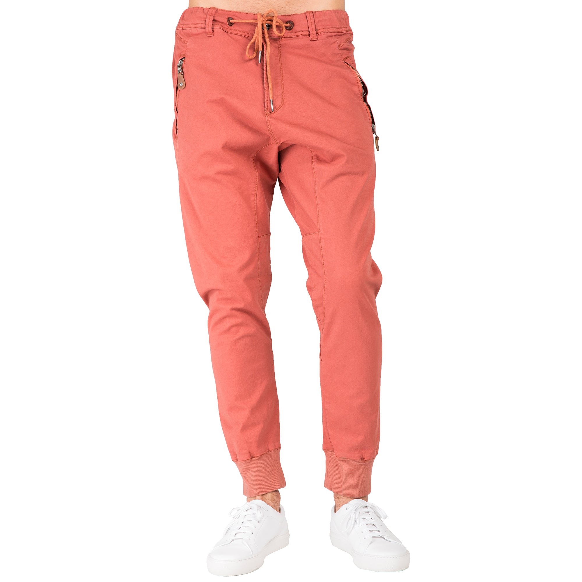 Drop Crotch Premium Rustic Red Stretch Twill Jogger Jeans Zipper Pocket