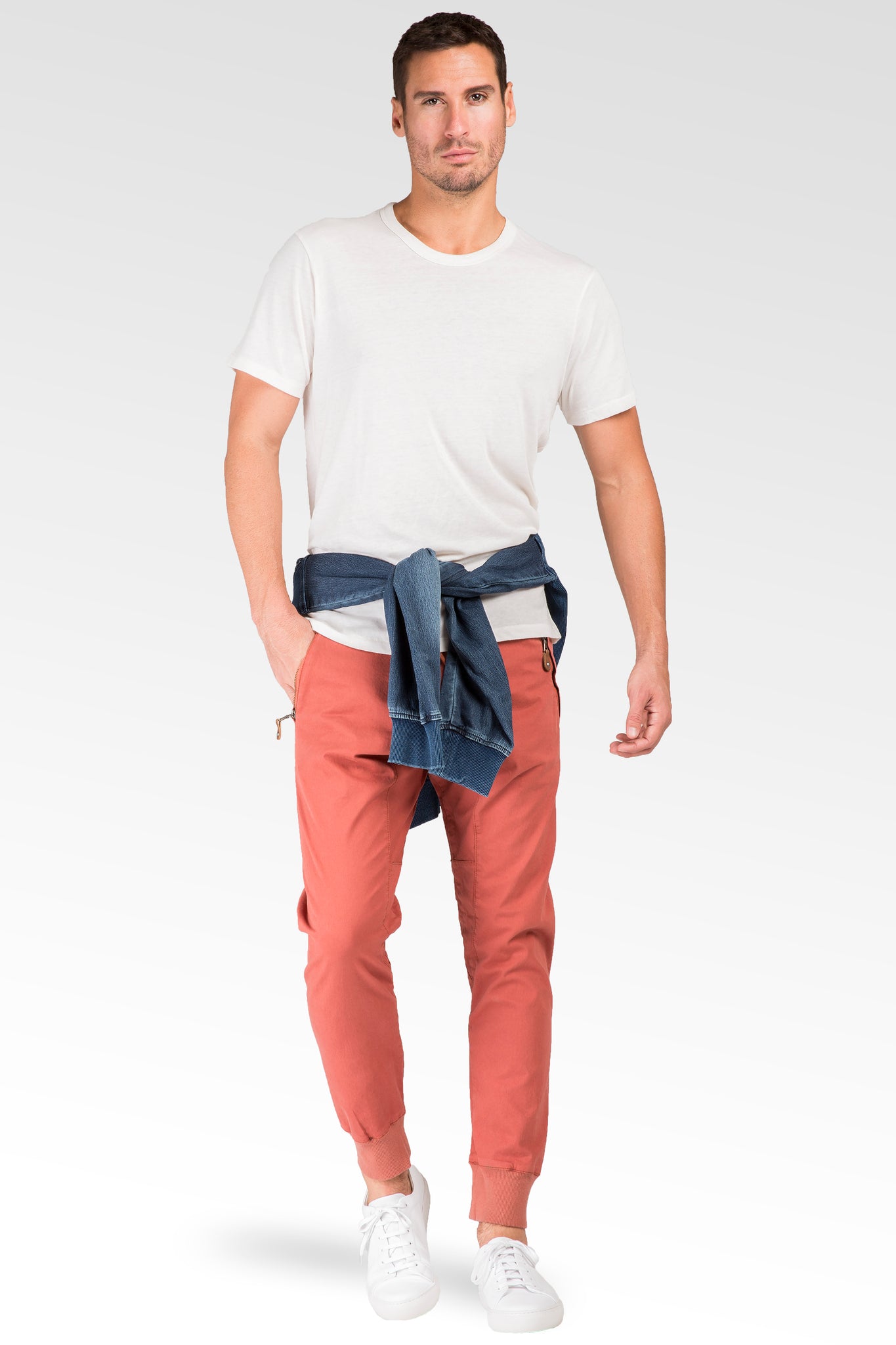 Drop Crotch Premium Rustic Red Stretch Twill Jogger Jeans Zipper Pocket
