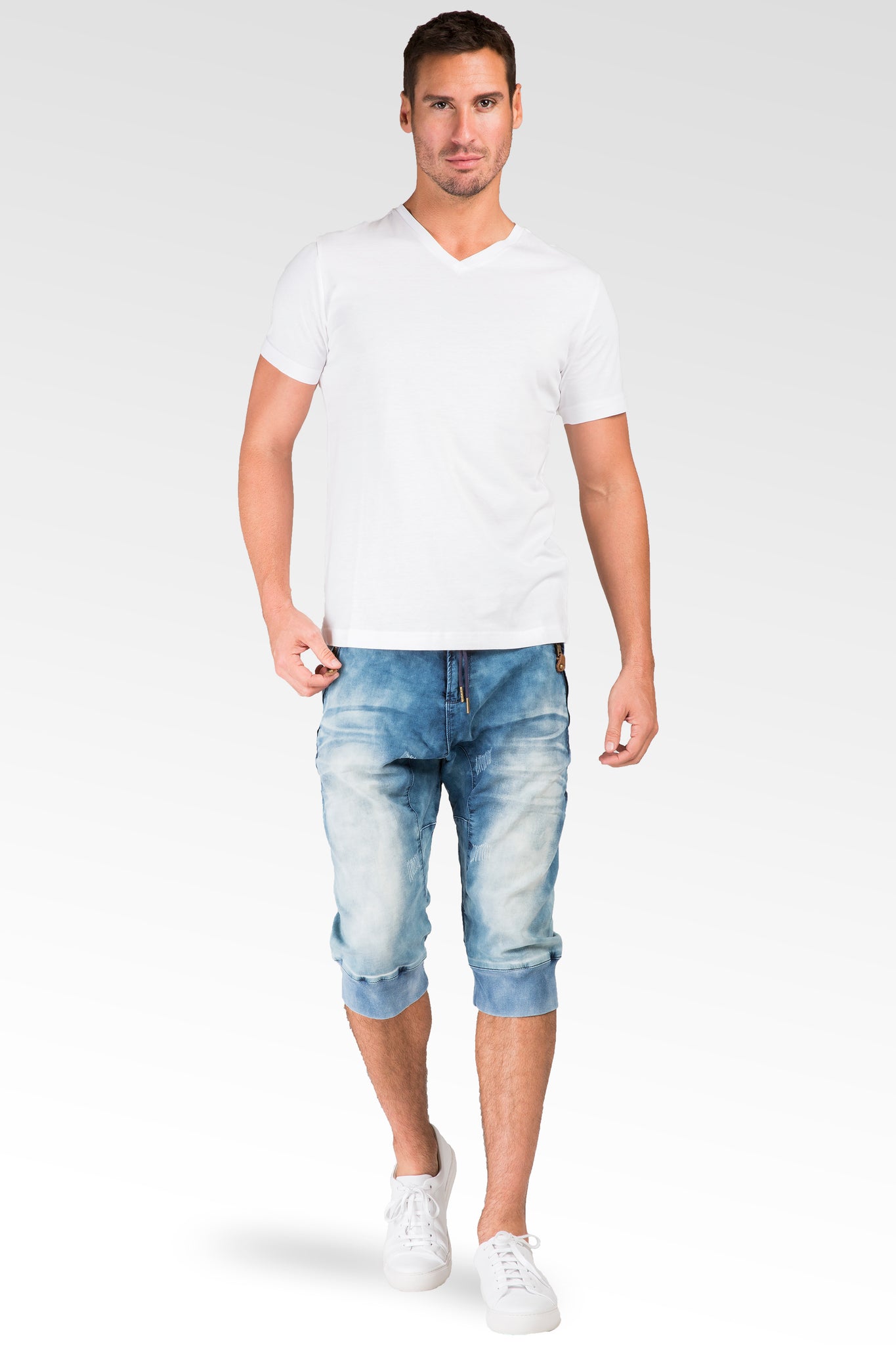 Bleached Cloud Blue Premium Knit Denim Zip Pocket 18" Jogger Capri Rib Bottom