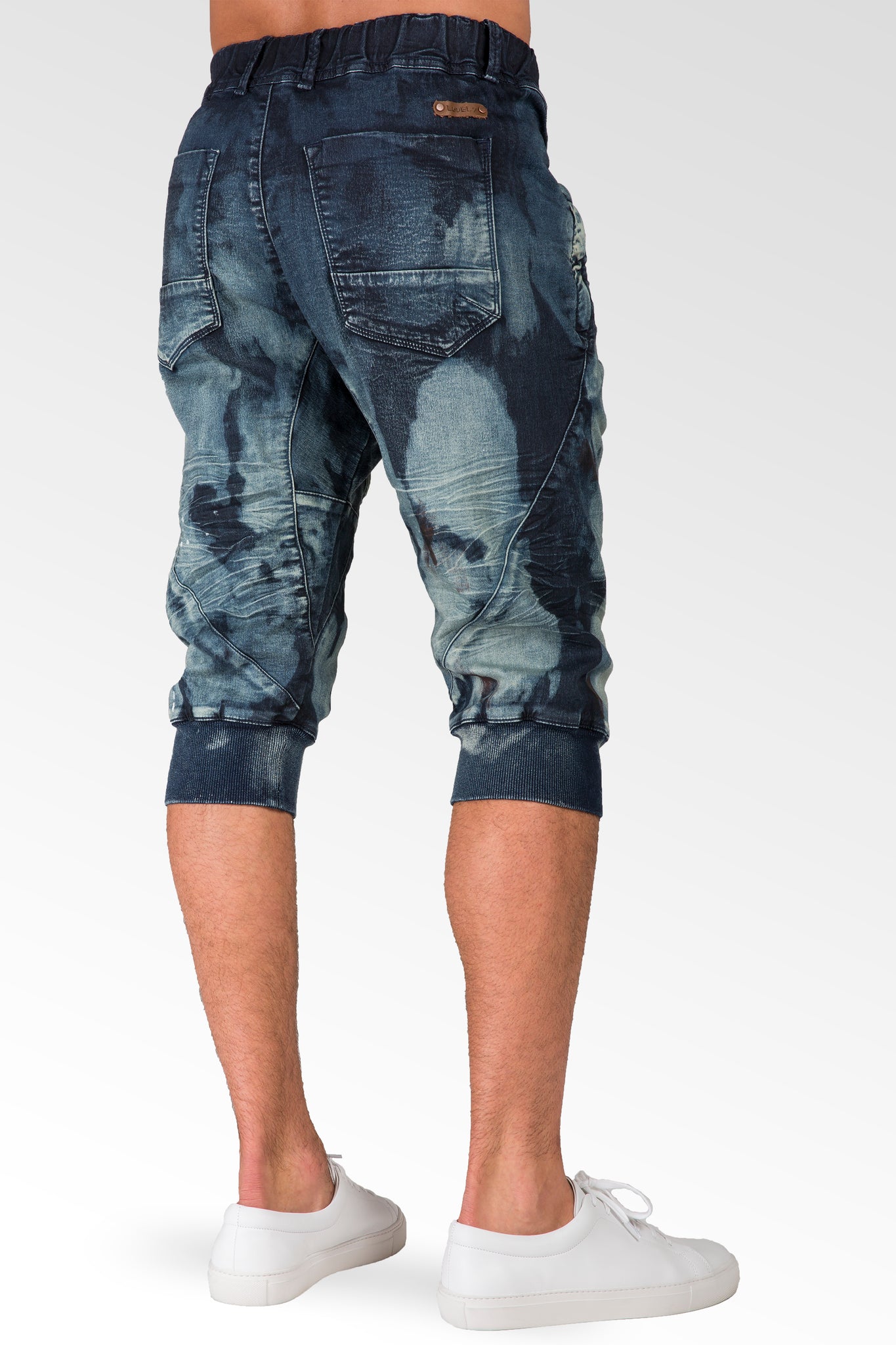 Dark Blue Clouded Wash Premium Knit Denim Jogger Capri Short, Rib Bottom 3D Whiskering 18" Inseam