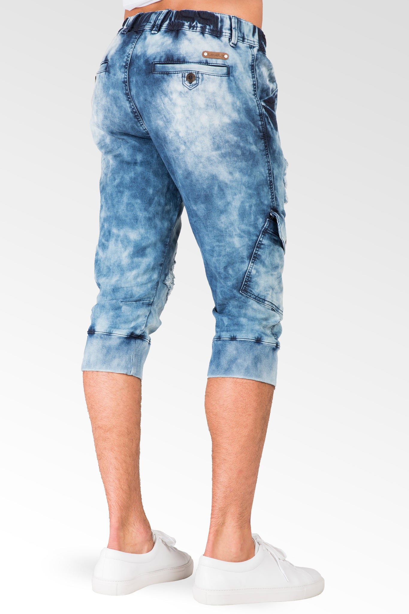 Level 7 Men's Cargo Pocket Knit Denim Jogger Capri Shorts Distressed Cloud  Bleach Premium Denim Jeans – Level 7 Jeans