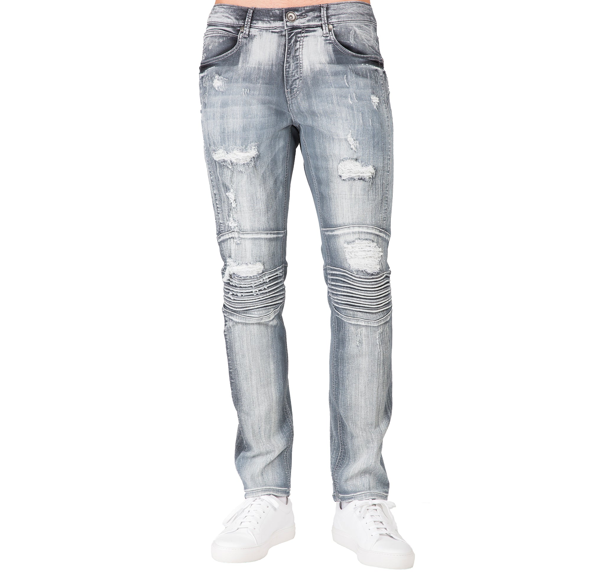 Level Men's Slim Tapered Bleached Gray Destroyed Mended Moto