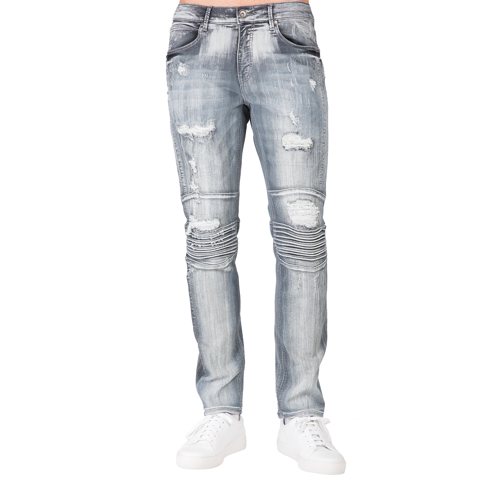 Slim Tapered Leg Premium Knit Denim Destroyed & Mended Moto Jeans Bleached Gray