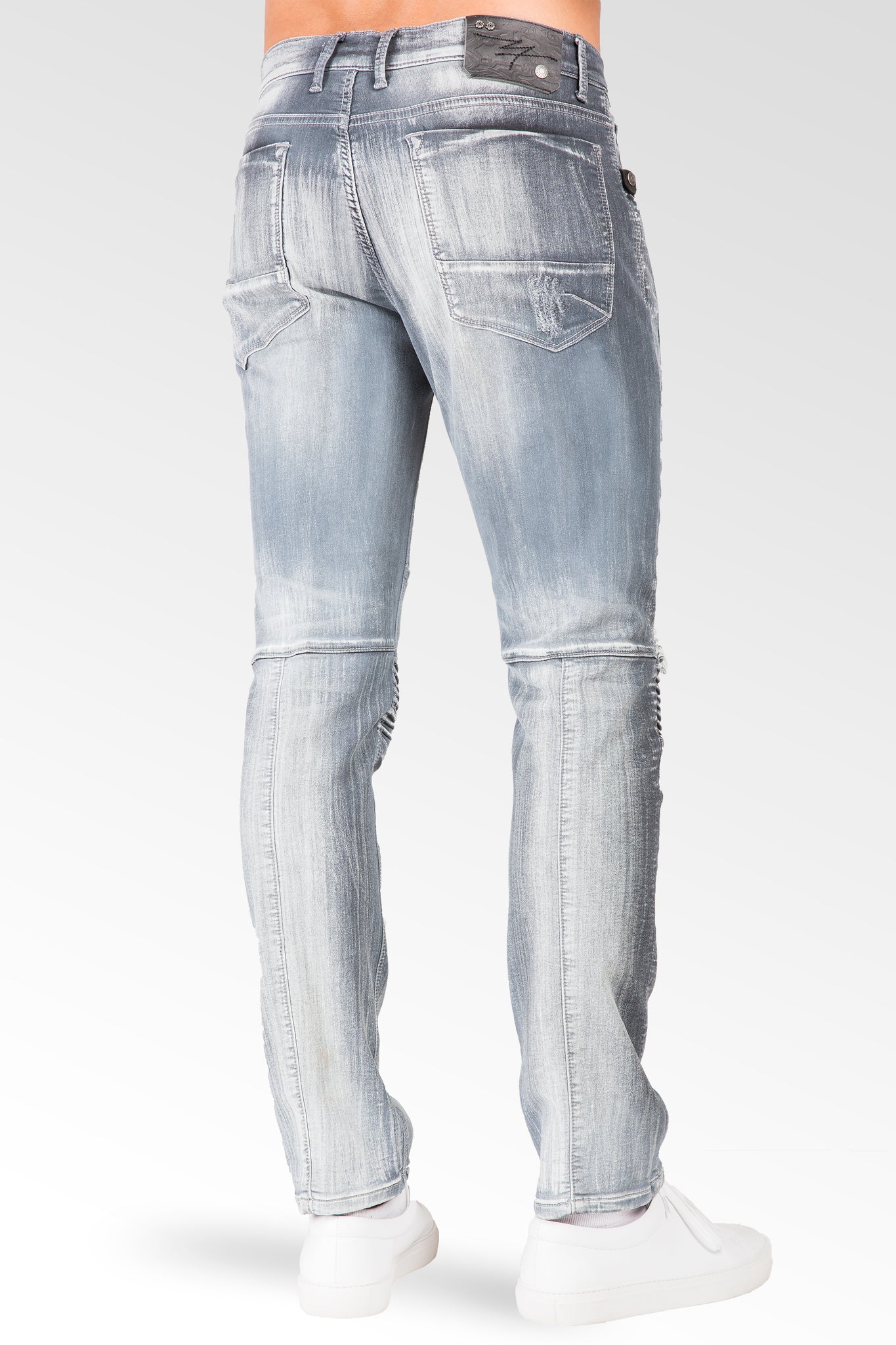 Slim Tapered Leg Premium Knit Denim Destroyed & Mended Moto Jeans Bleached Gray