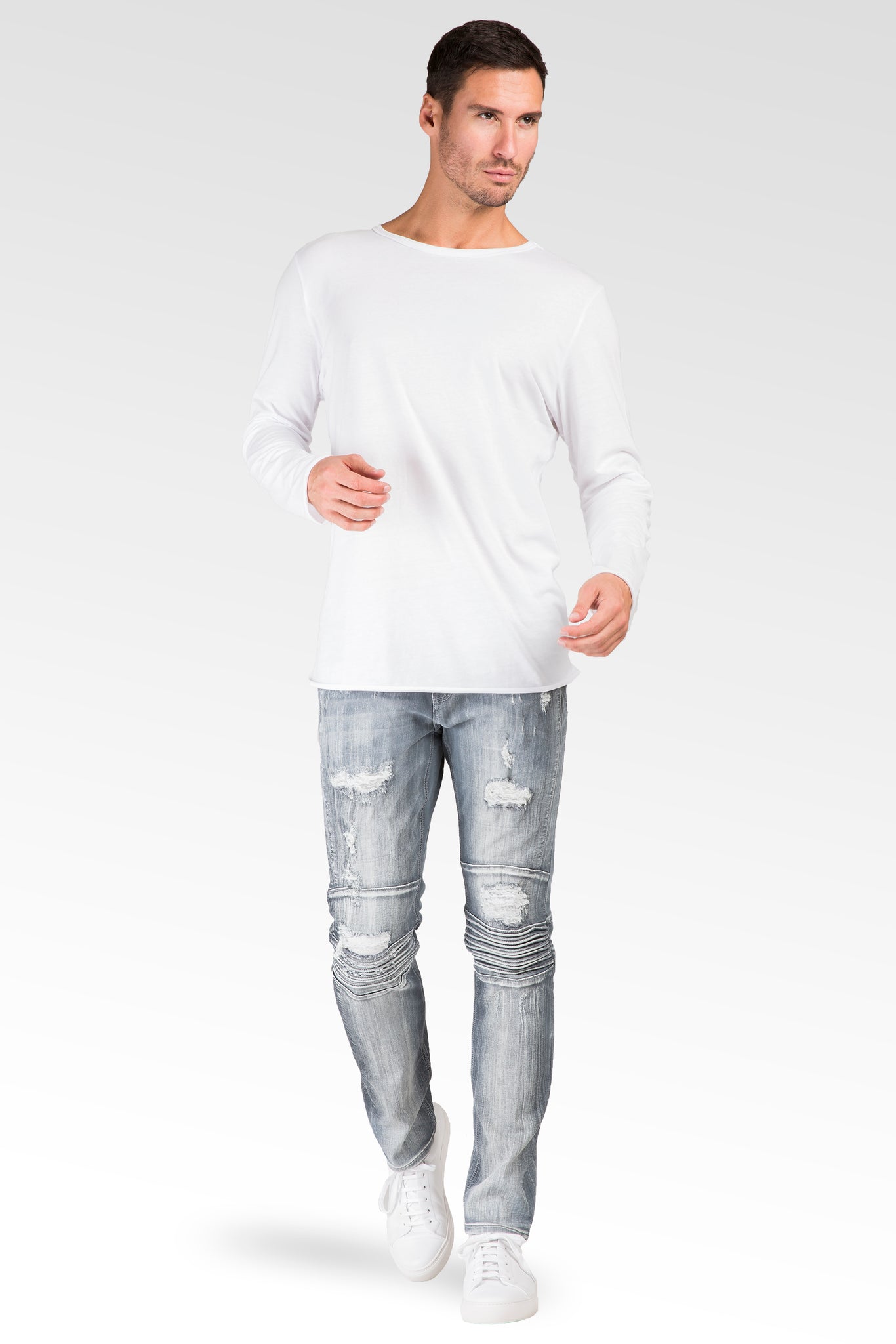 Slim Tapered Leg Premium Knit Denim Destroyed & Mended Moto Jeans Bleached Gray