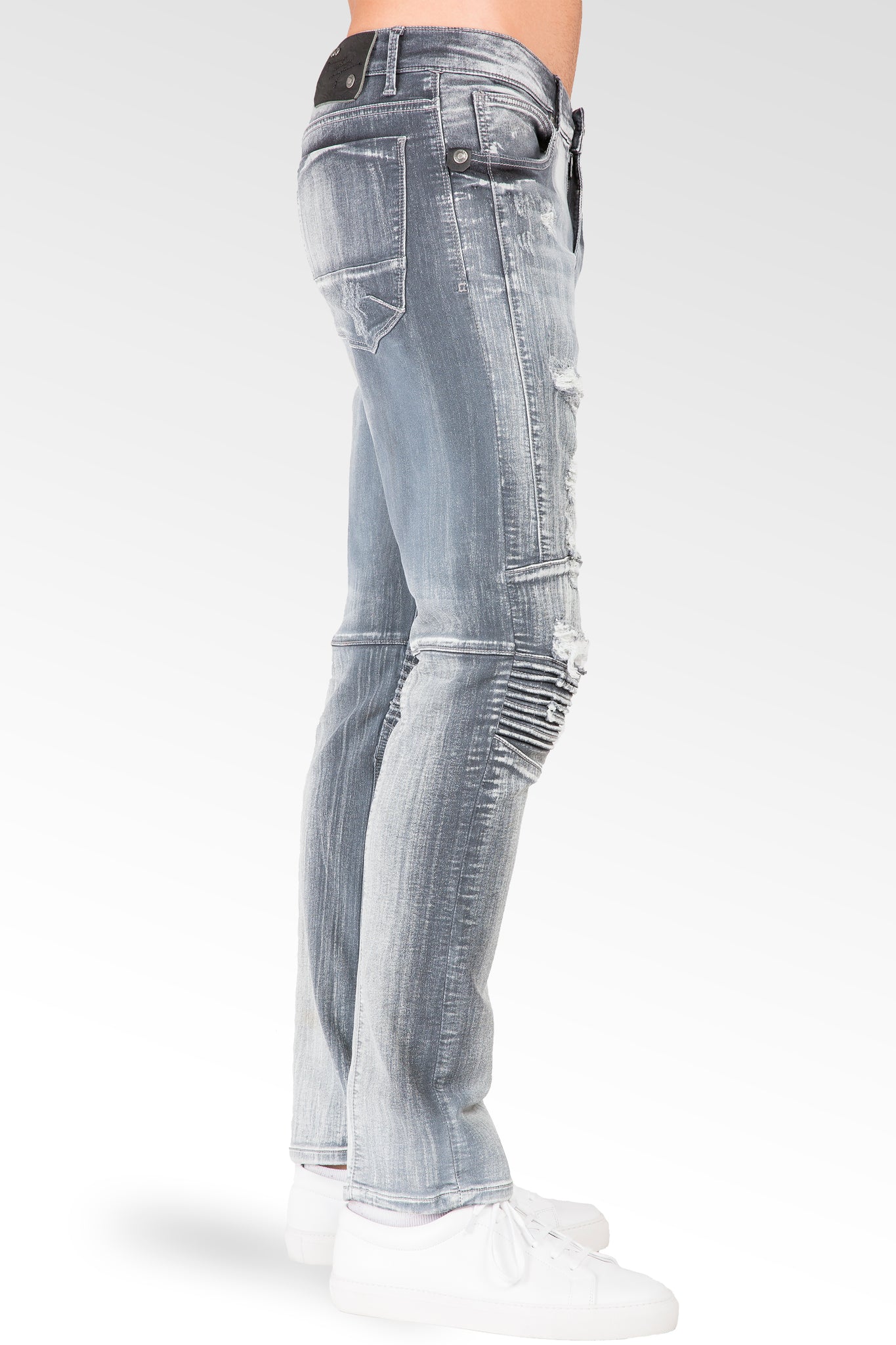 Slim Tapered Leg Premium Knit Denim Destroyed & Mended Moto Jeans Bleached Gray