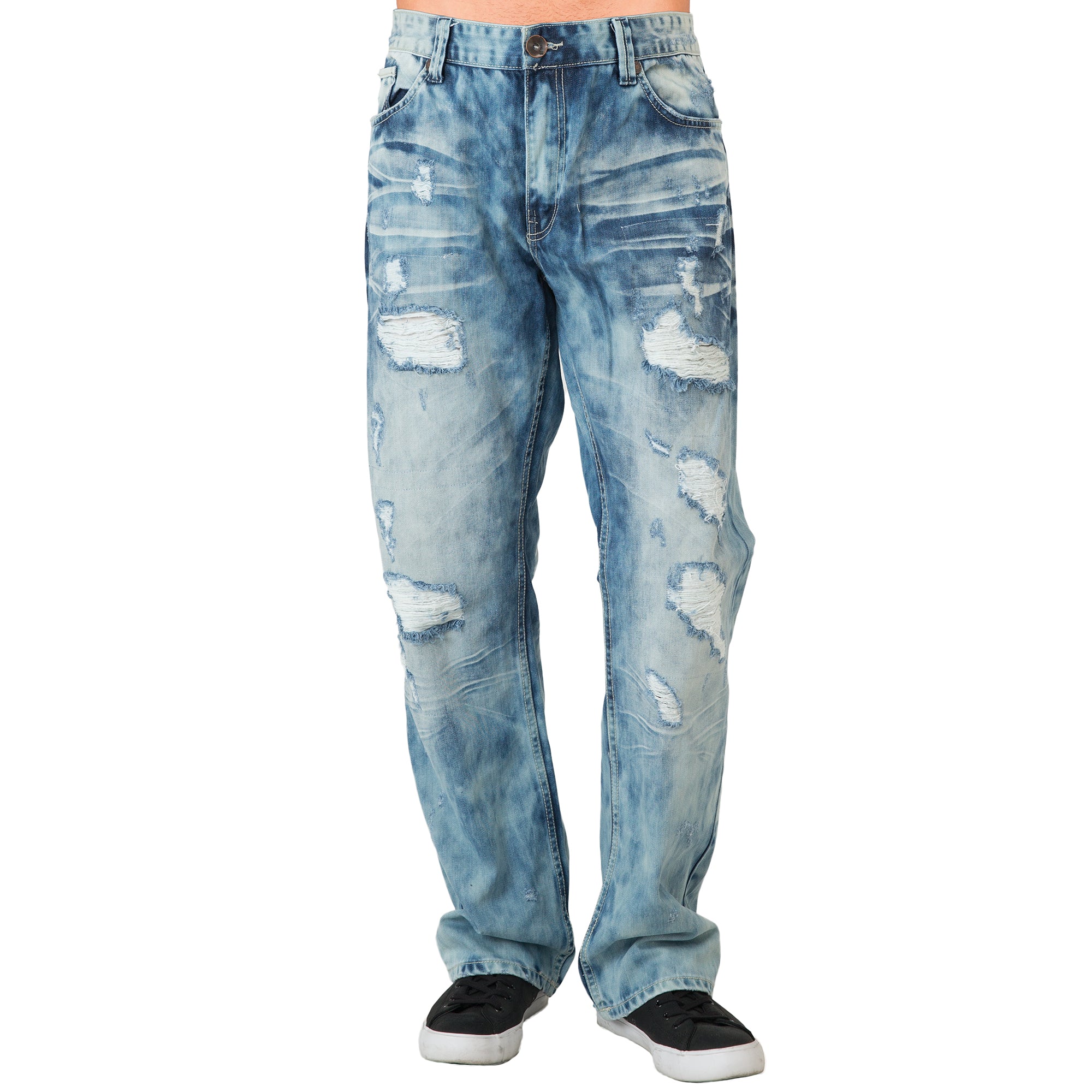 Level 7 Mens Slim Straight Bleach Washed Distressed Premium Denim