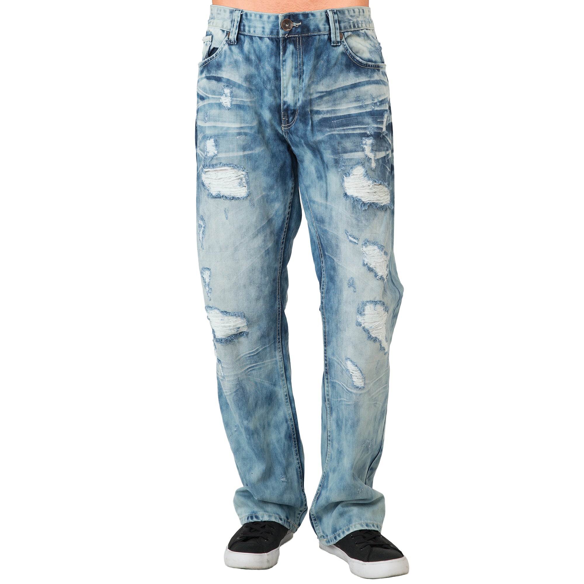 Mens Slim Straight Bleach Washed Distressed Premium Denim Jeans