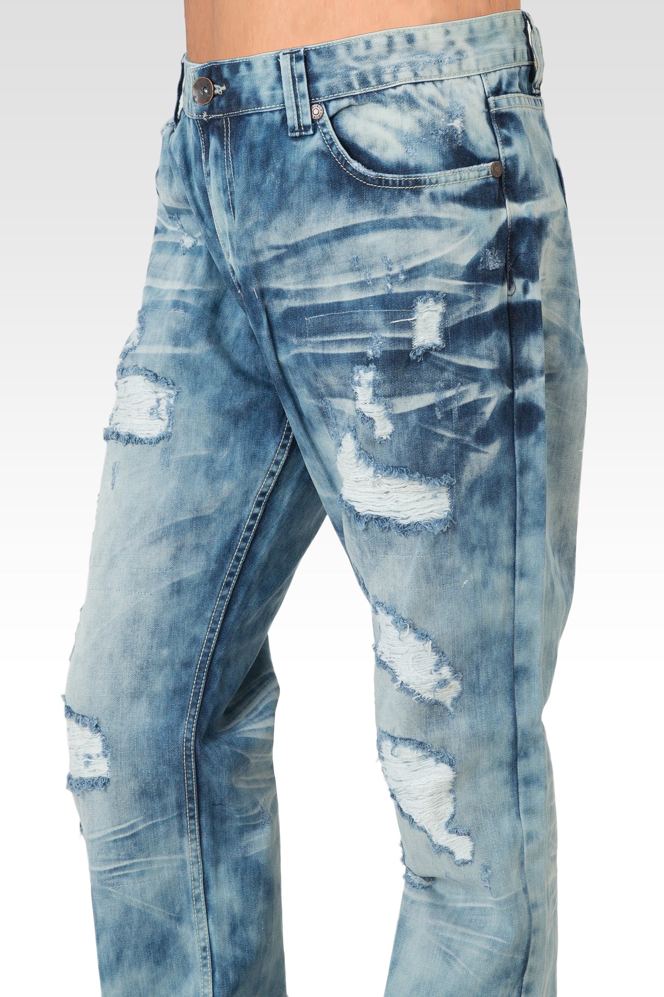 Mens Slim Straight Bleach Washed Distressed Premium Denim Jeans