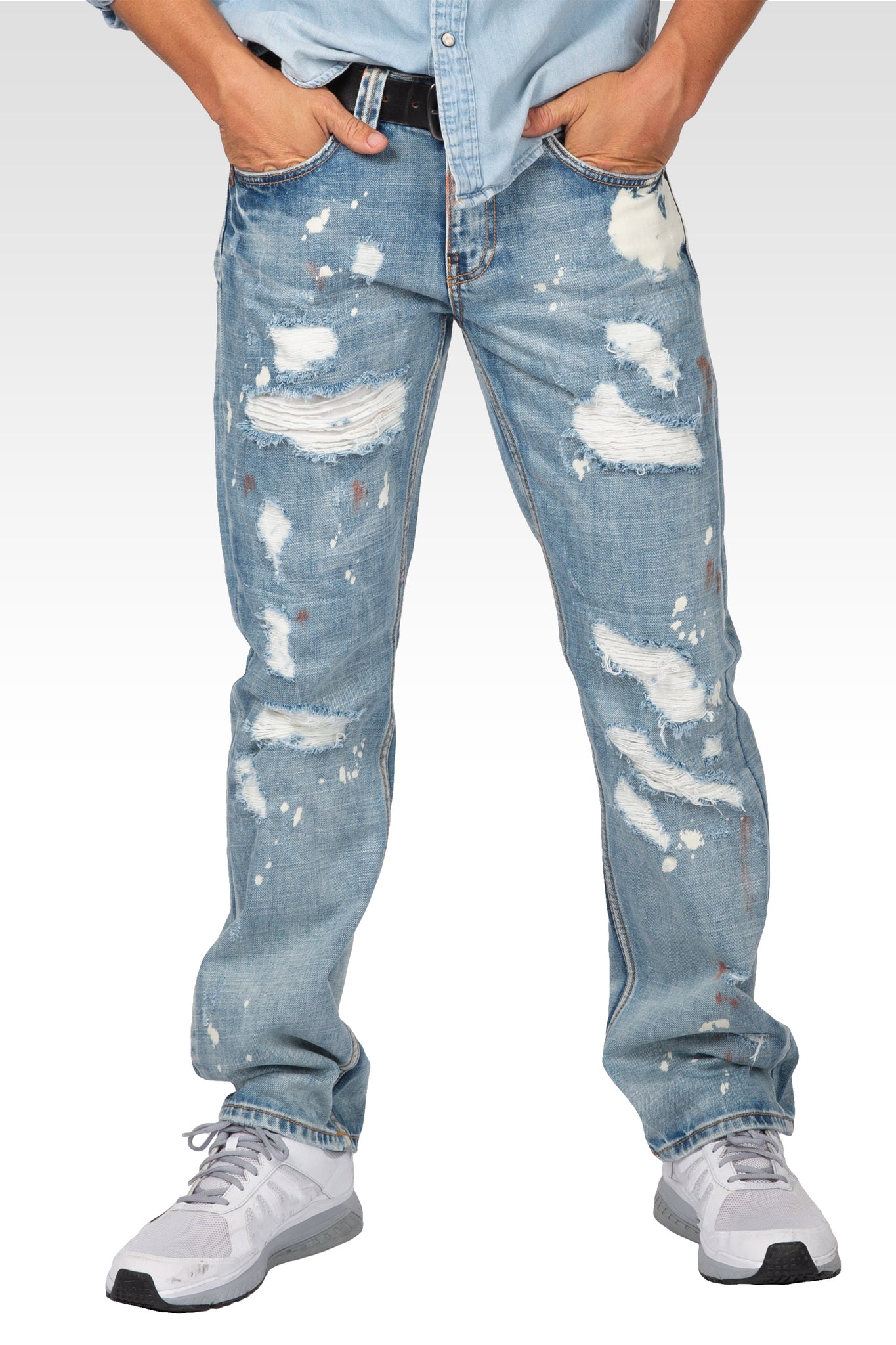 Mens Slim Straight Premium Bleach Washed Distressed Paint Splatter Jeans