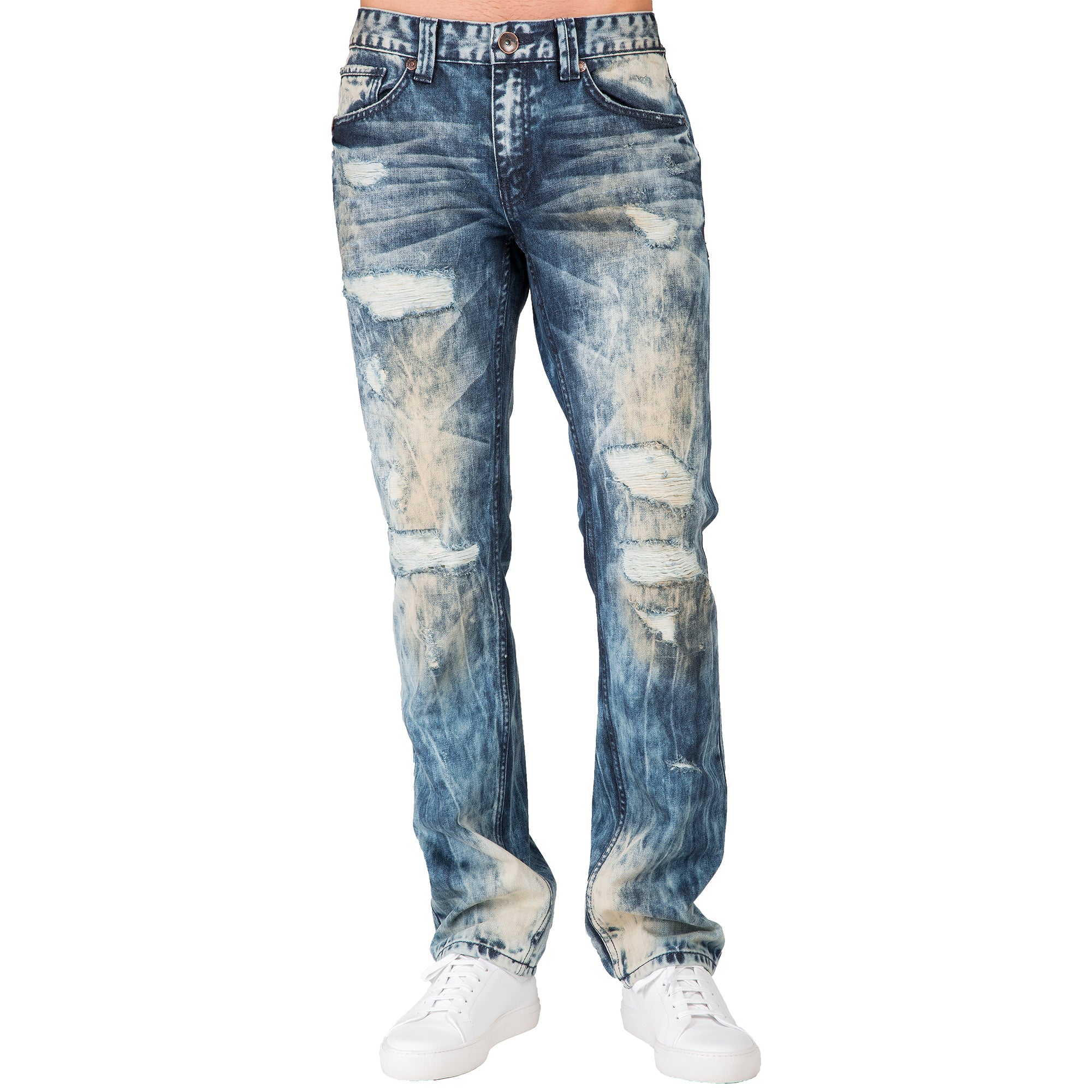 Level 7 Men's Slim Straight Rip & Repair Bleach Tint Wash Jeans