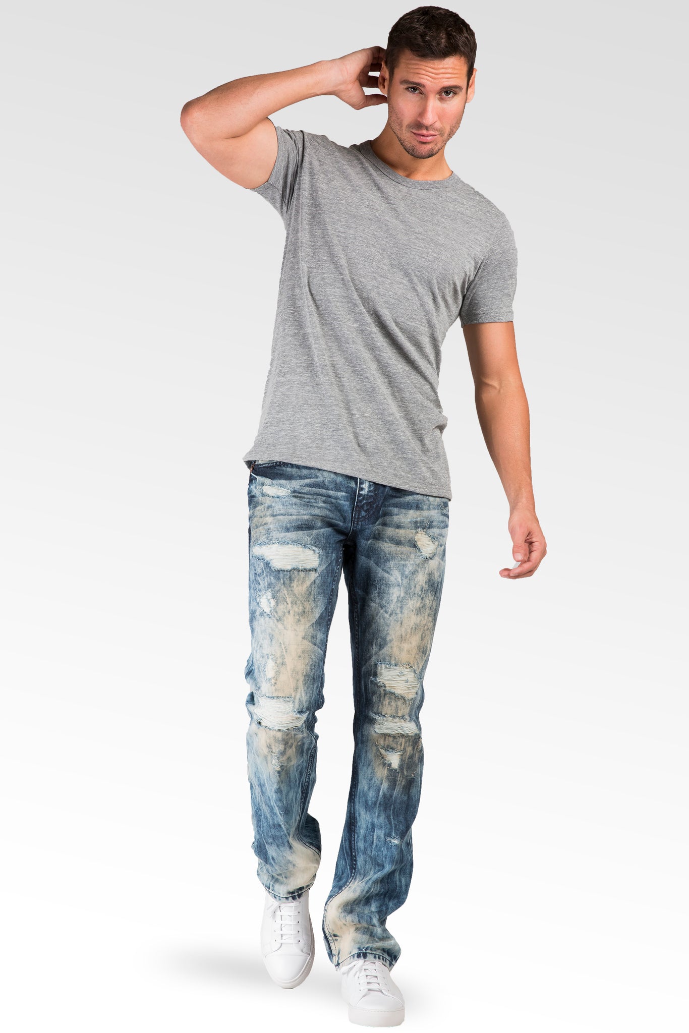 Slim Straight Destroyed & Mended Premium Denim 5 Pocket Jeans Bleach Tinted Wash