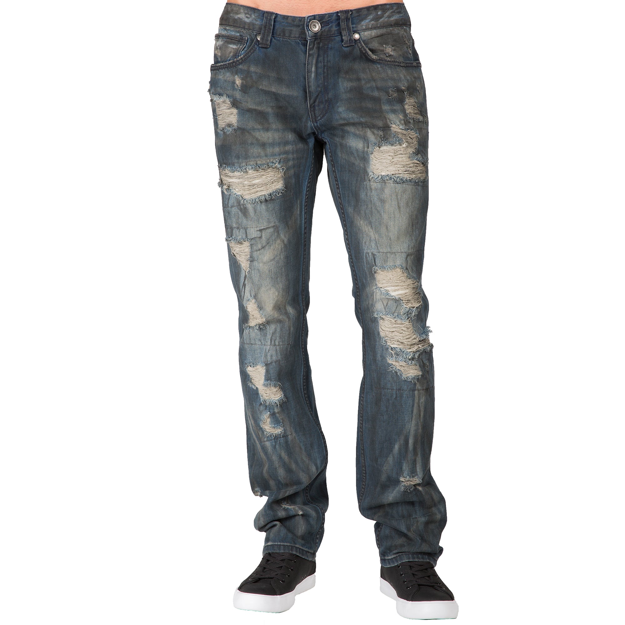 Slim Straight Premium Denim Black Paint Brushed Dark Blue Jeans Destroyed & Mended