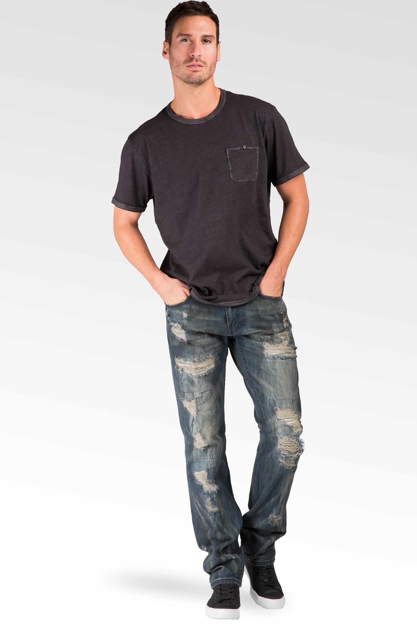 Slim Straight Premium Denim Black Paint Brushed Dark Blue Jeans Destroyed & Mended