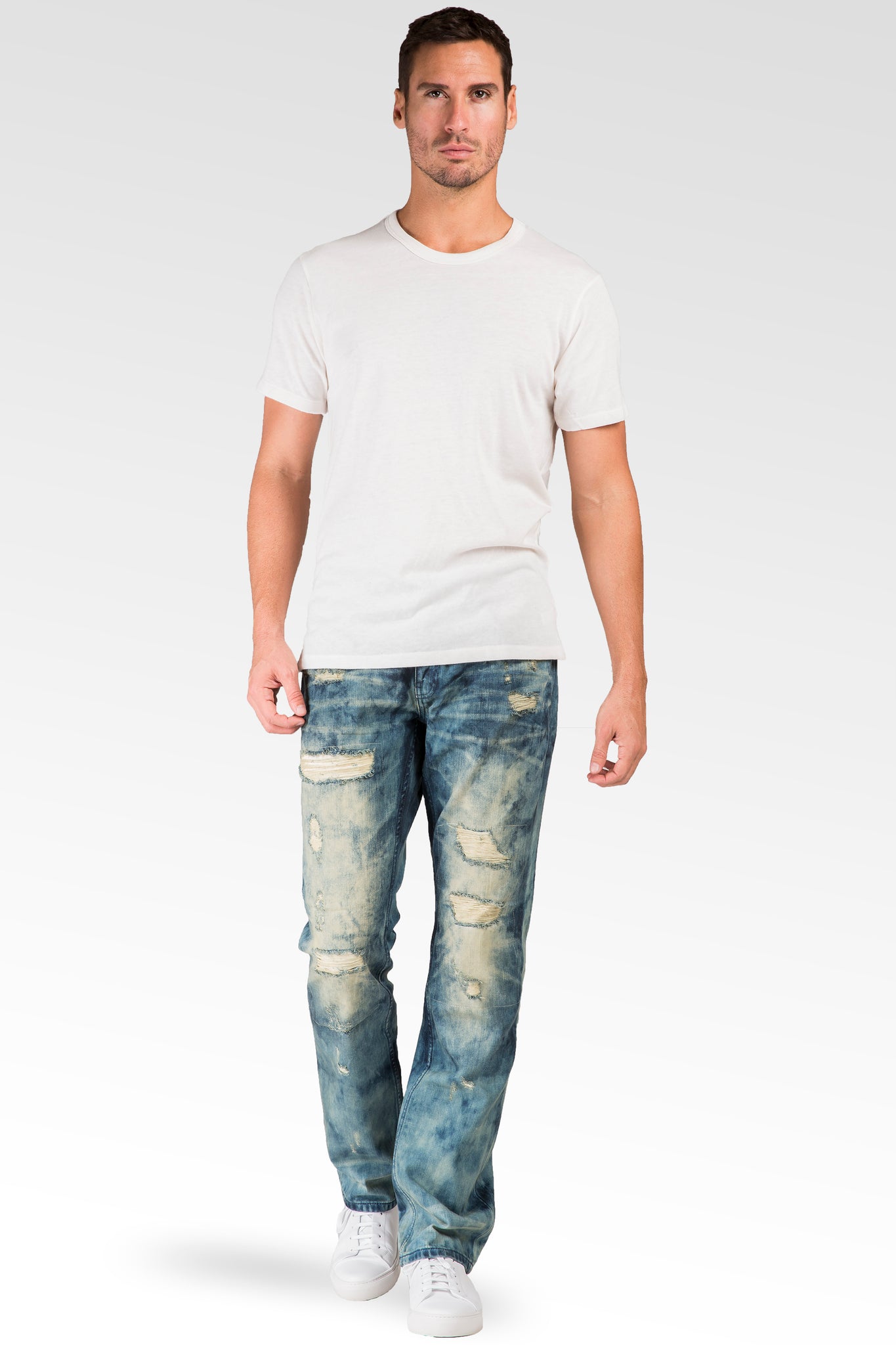 Slim Straight Khaki Tint Destroyed & Mended Premium Denim Signature 5 Pocket Jeans