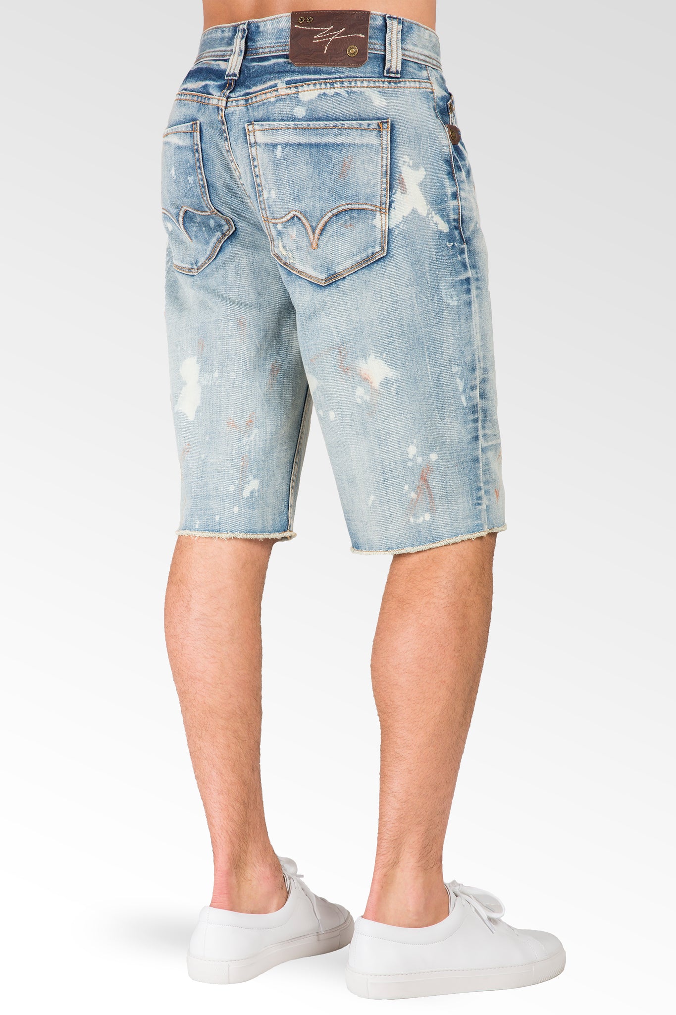 Relaxed Midrise Bleach Blue Cut Off Premium Denim Shorts 13" Inseam paint splatter