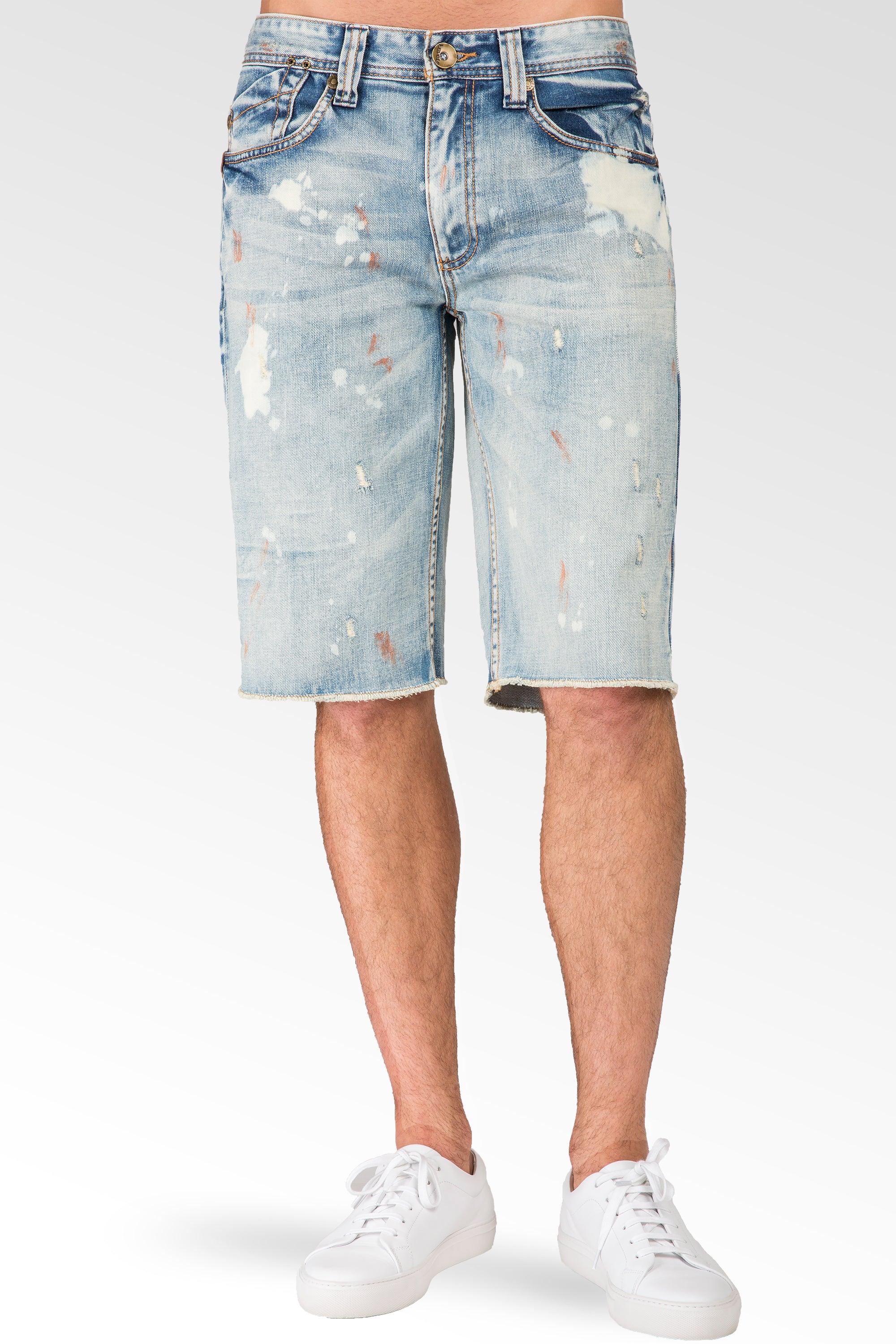 Level 7 Men's Midrise Relaxed Bleach Blue Smudging Cut Off