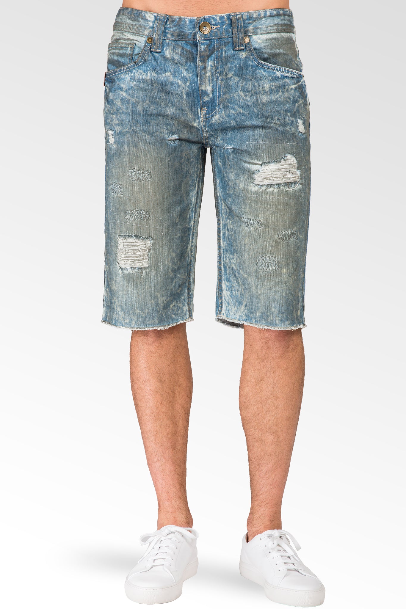 Relaxed Midrise Dirty Bleached Cut Off 13" Premium Denim Shorts Destroyed & Mended